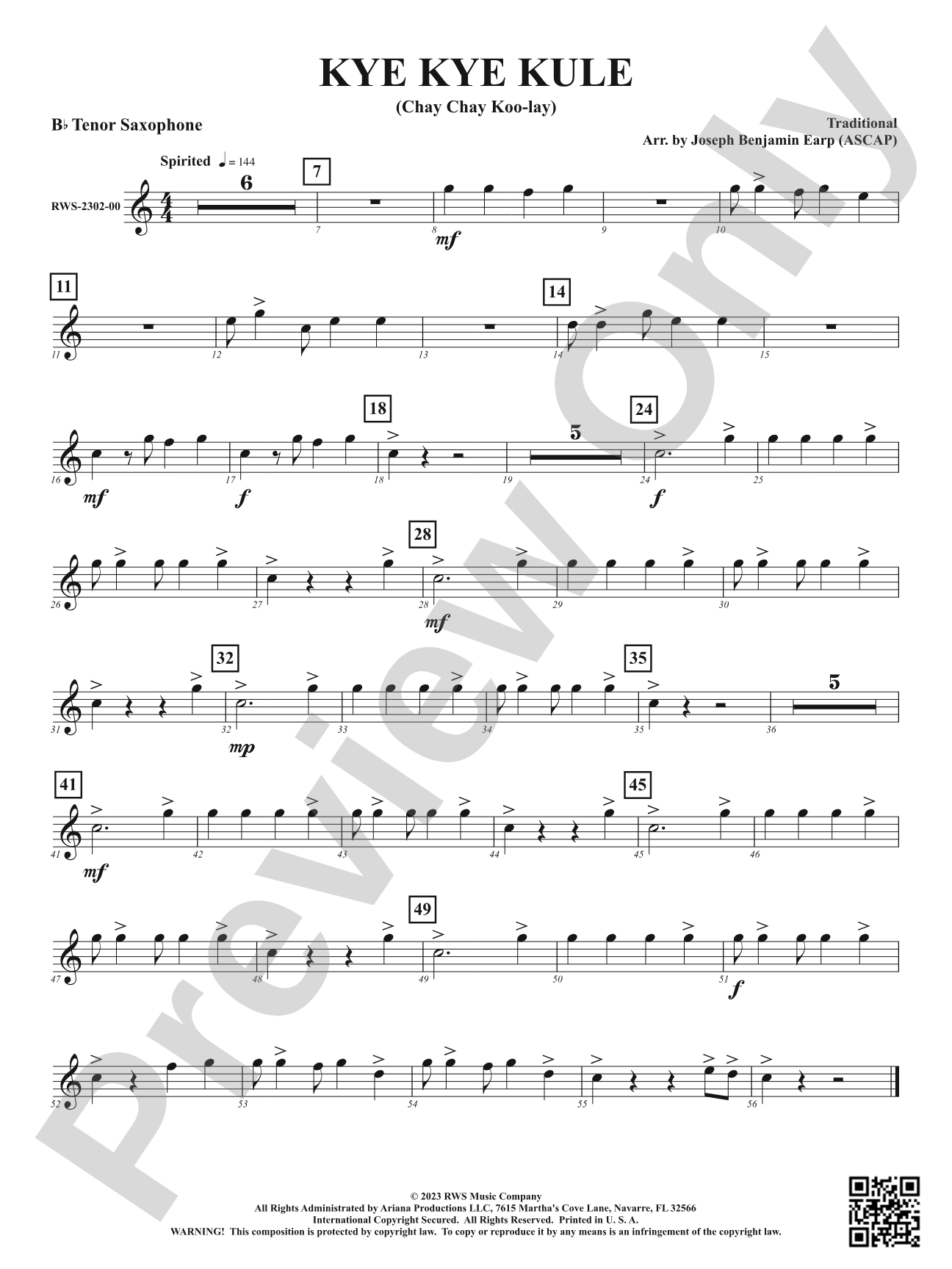 Kye Kye Kule - Chay Chay Koo-lay: B-flat Tenor Saxophone