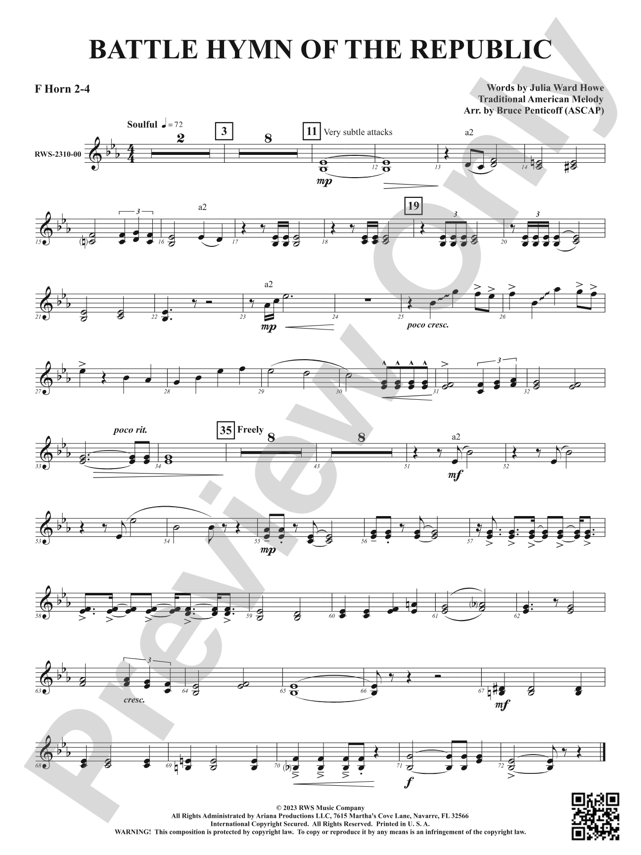 Battle Hymn of the Republic: 2nd & 4th F Horn