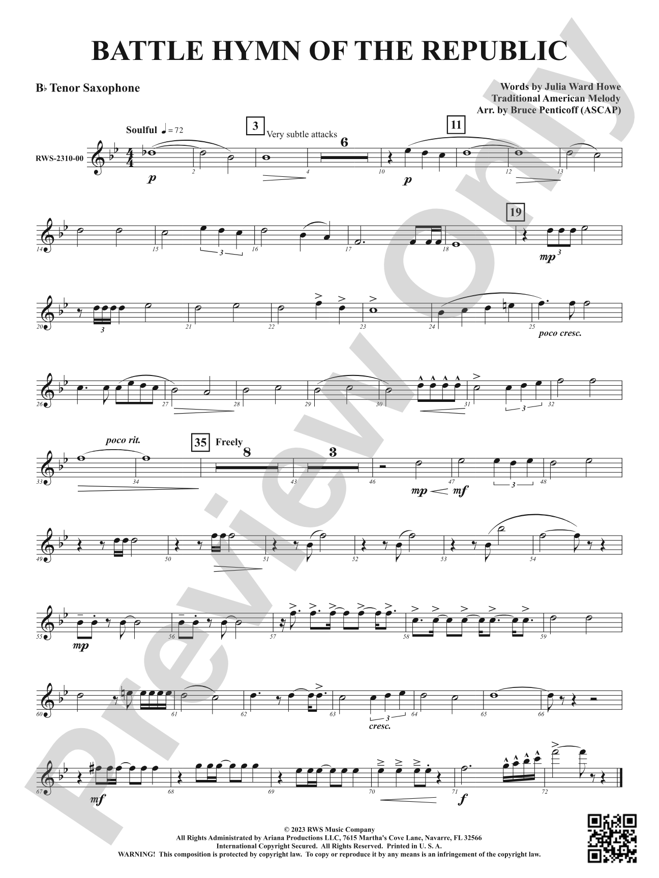 Battle Hymn of the Republic: B-flat Tenor Saxophone