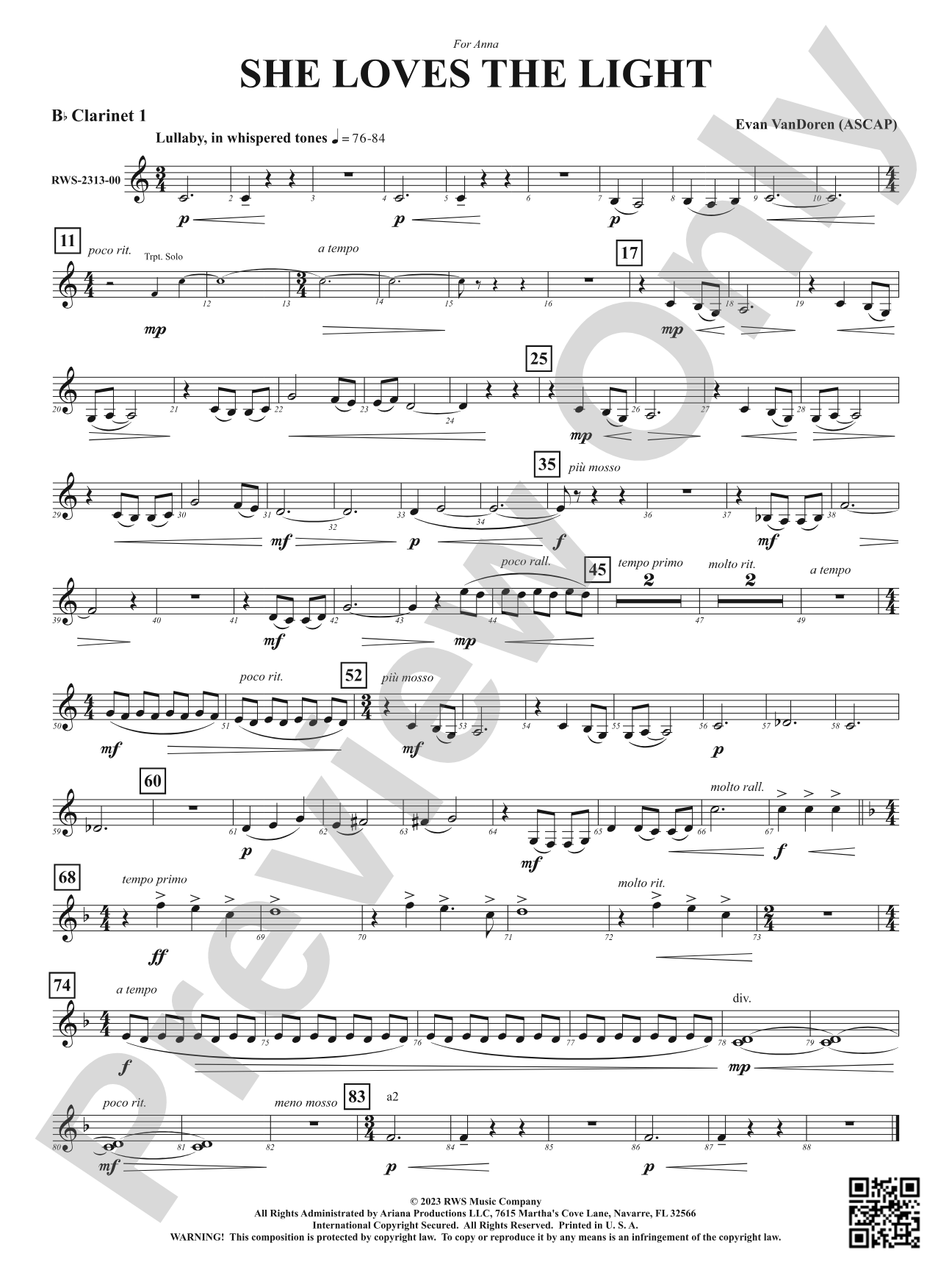 She Loves the Light: 1st B-flat Clarinet