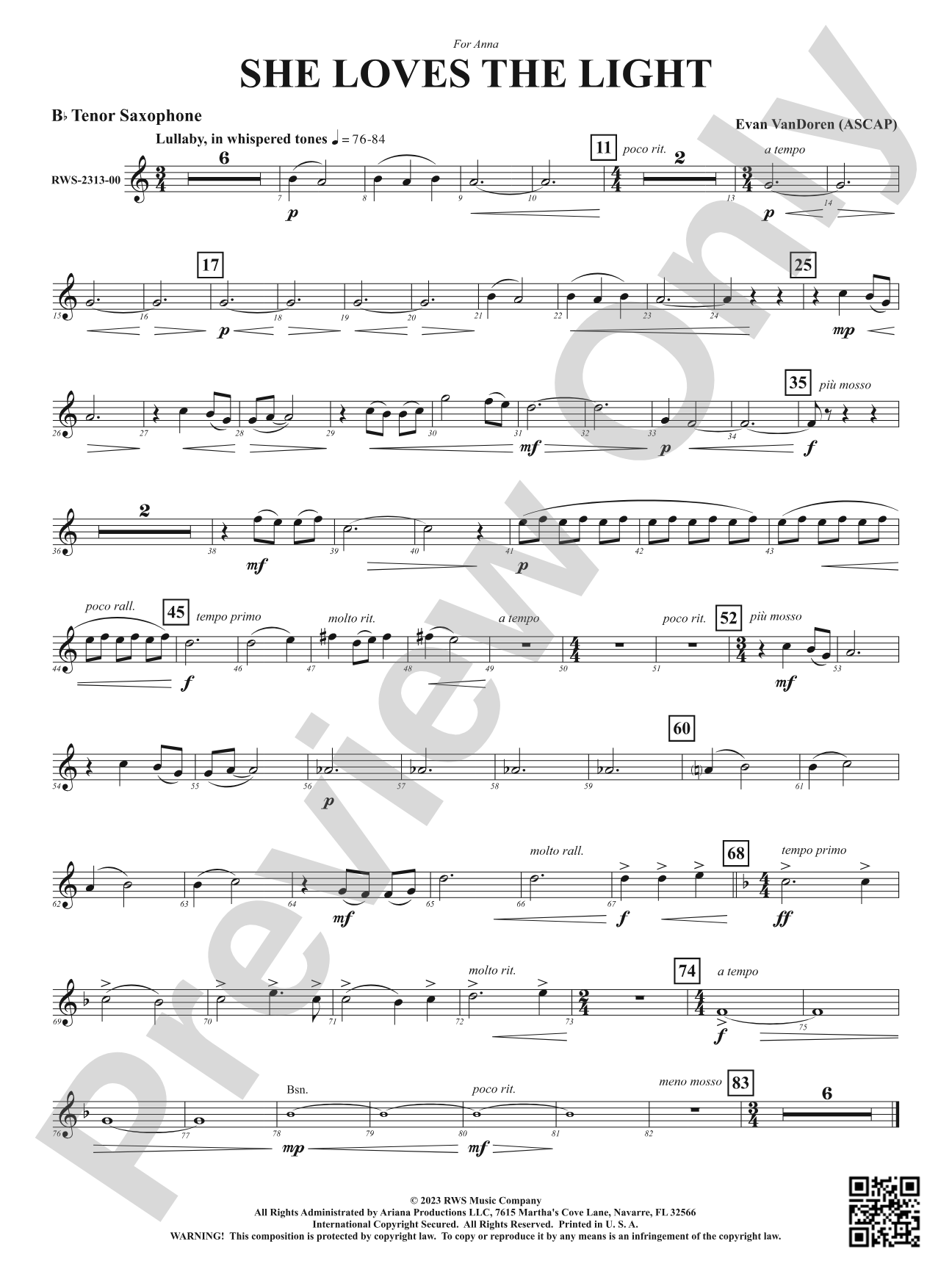 She Loves the Light: B-flat Tenor Saxophone