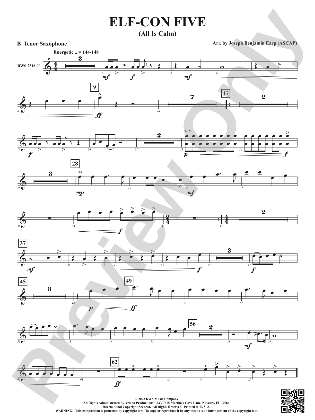 ELF-CON FIVE - All Is Calm: B-flat Tenor Saxophone