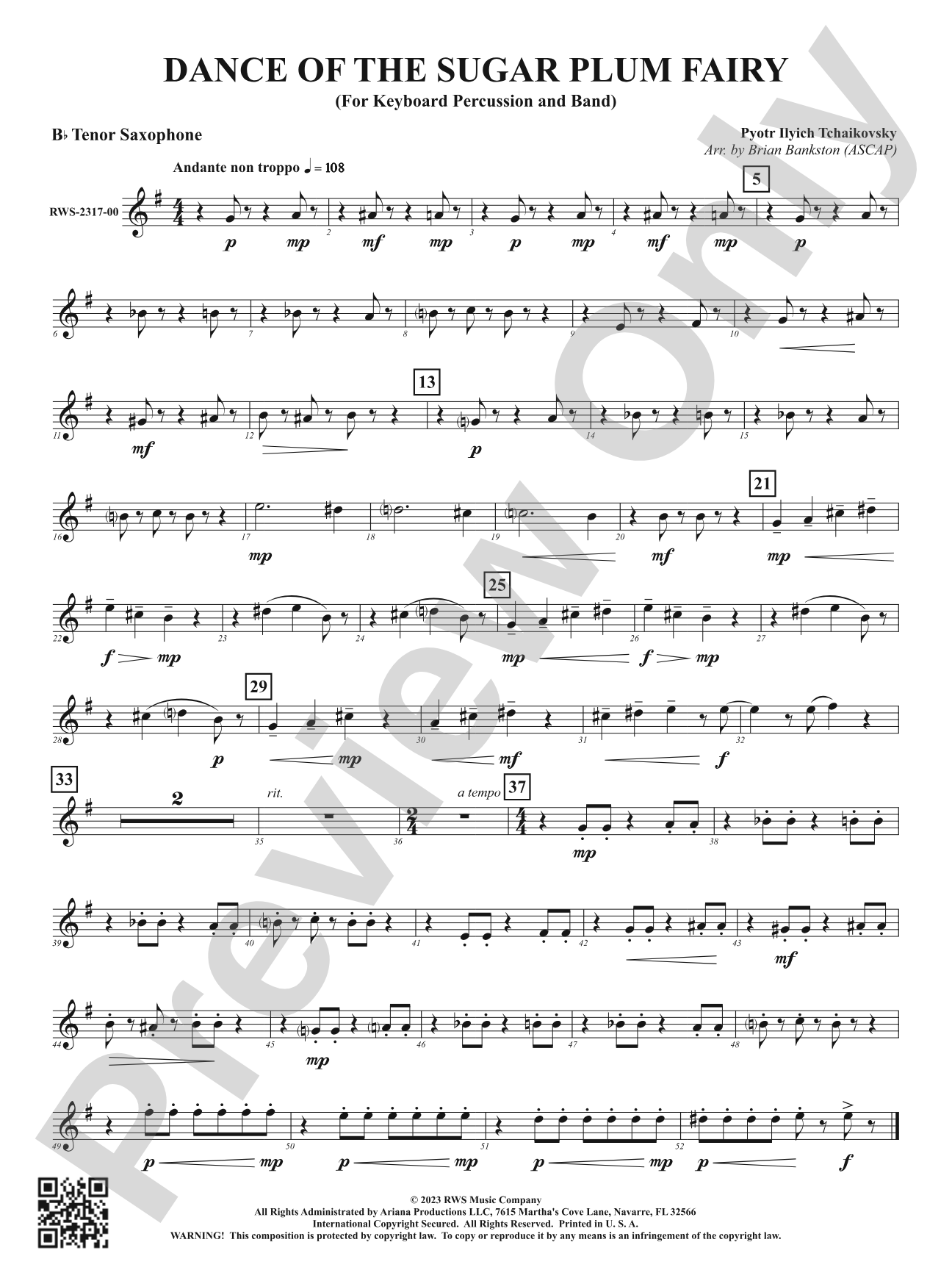 Dance of the Sugar Plum Fairy - For Keyboard Percussion and Band: B-flat Tenor Saxophone