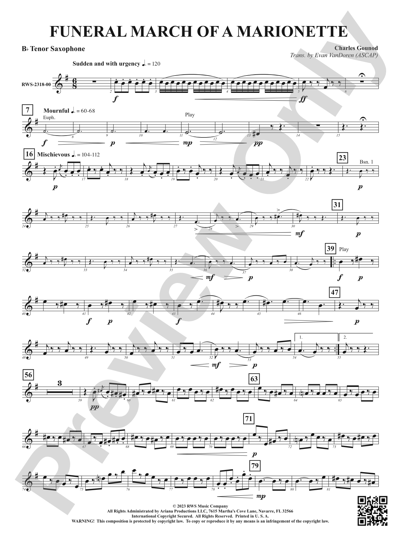 Funeral March of a Marionette: B-flat Tenor Saxophone