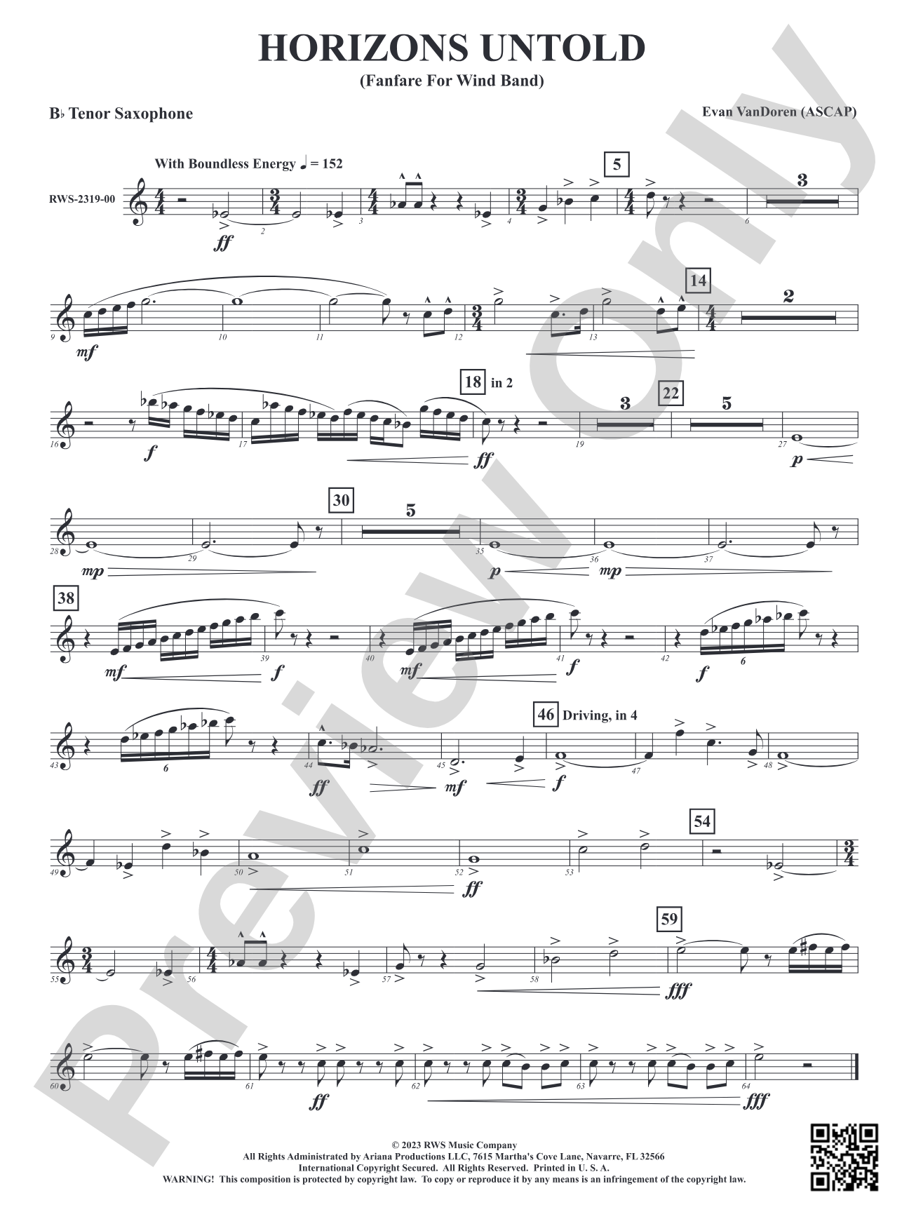 Horizons Untold - Fanfare for Wind Band: B-flat Tenor Saxophone