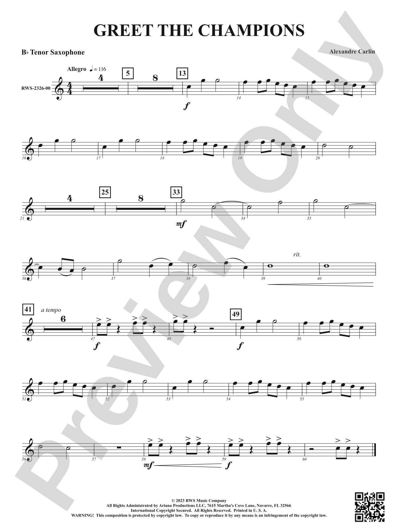 Greet The Champions: B-flat Tenor Saxophone