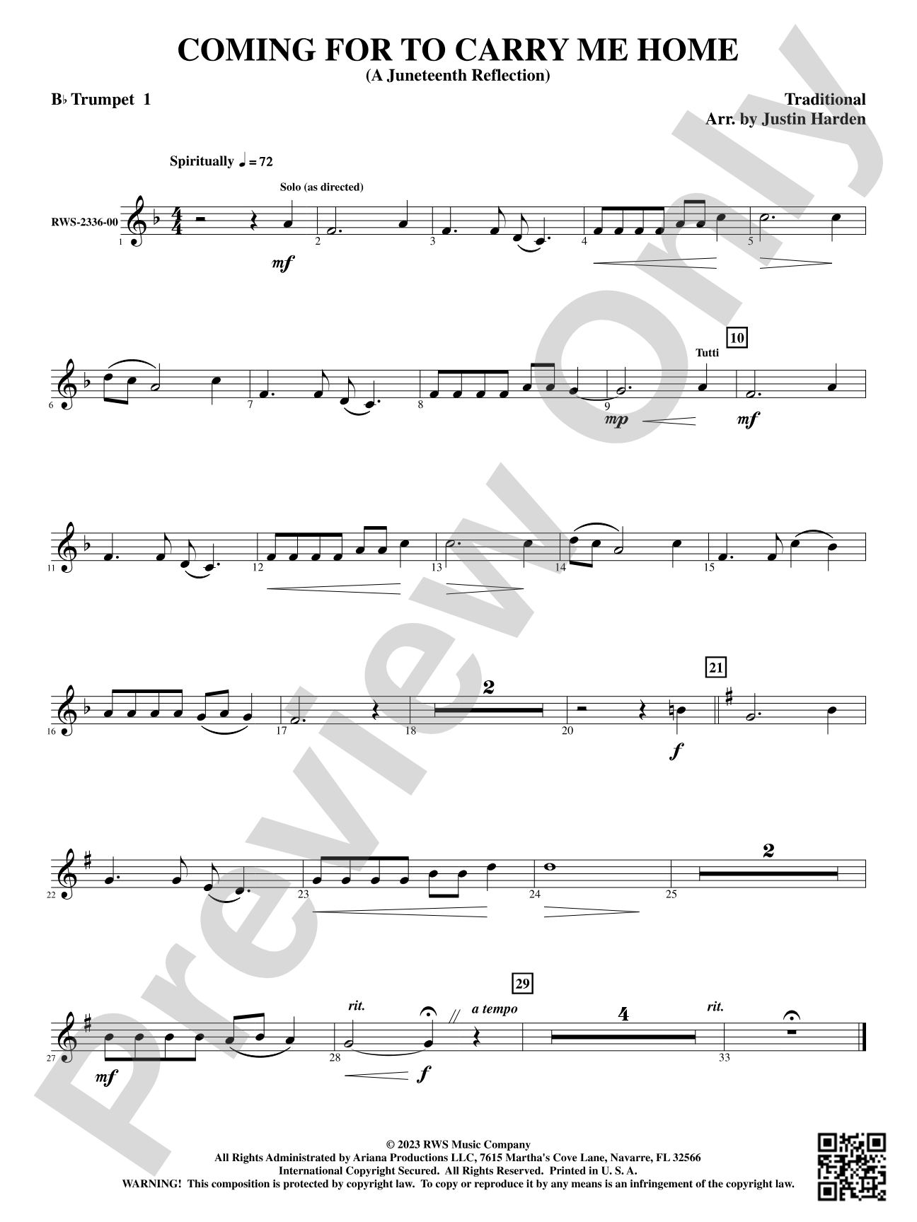 Coming for to Carry Me Home - A Juneteenth Reflection: 1st B-flat Trumpet