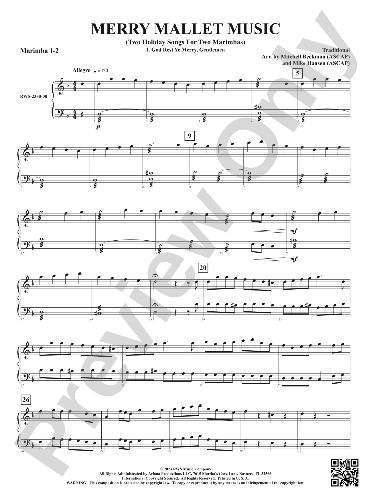 Merry Mallet Music - Two Holiday Songs for Two Marimbas: 1st & 2nd Marimba