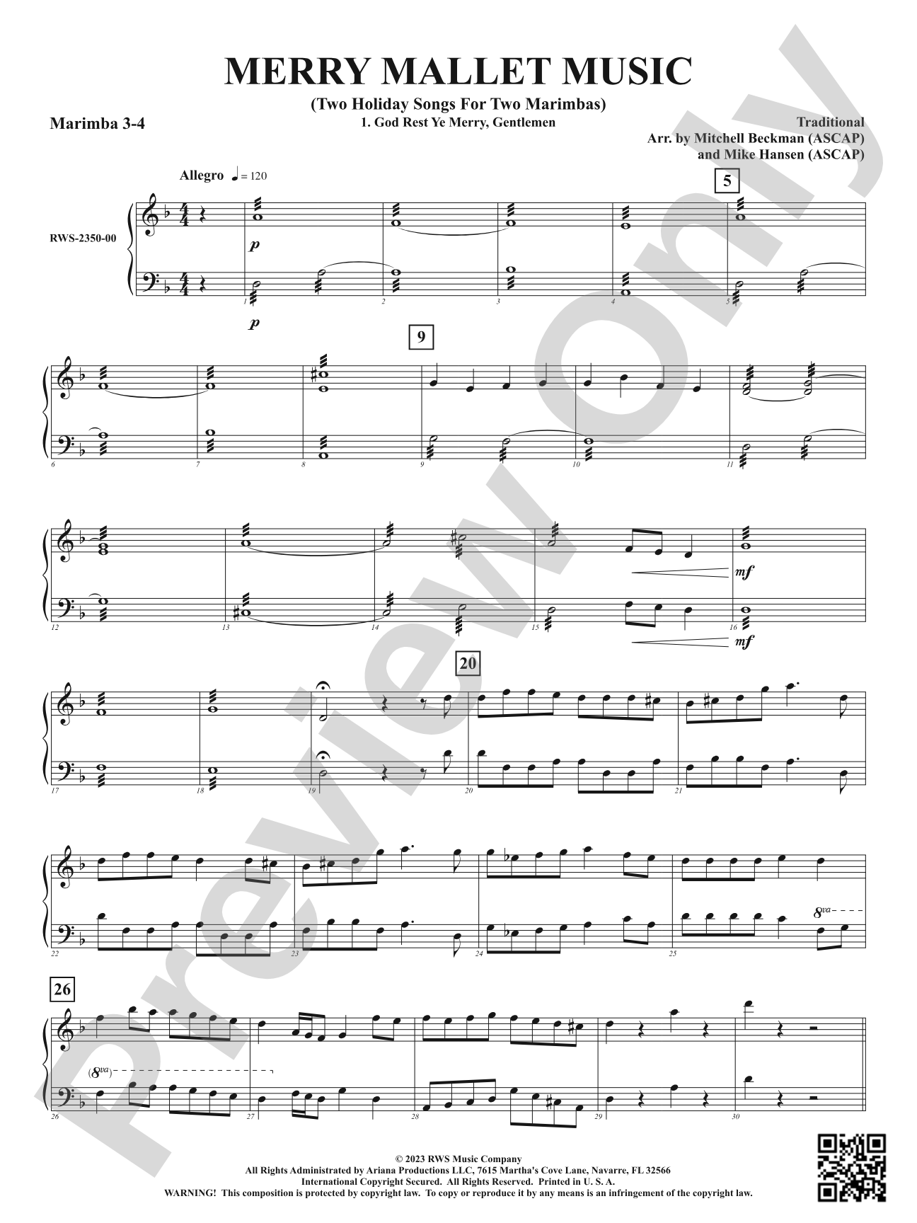 Merry Mallet Music - Two Holiday Songs for Two Marimbas: 3rd & 4th Marimba