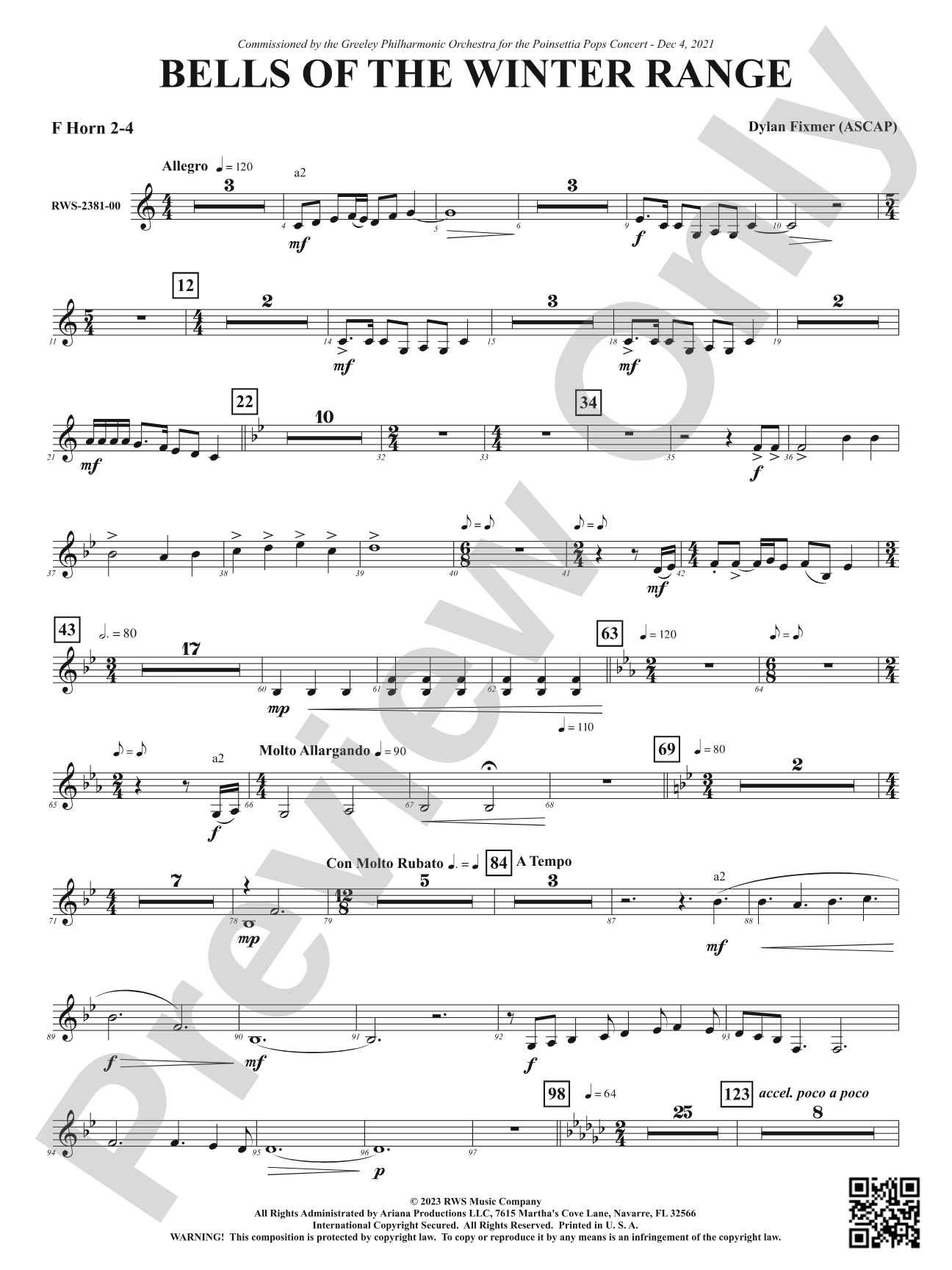 Bells of the Winter Range: 2nd & 4th F Horn