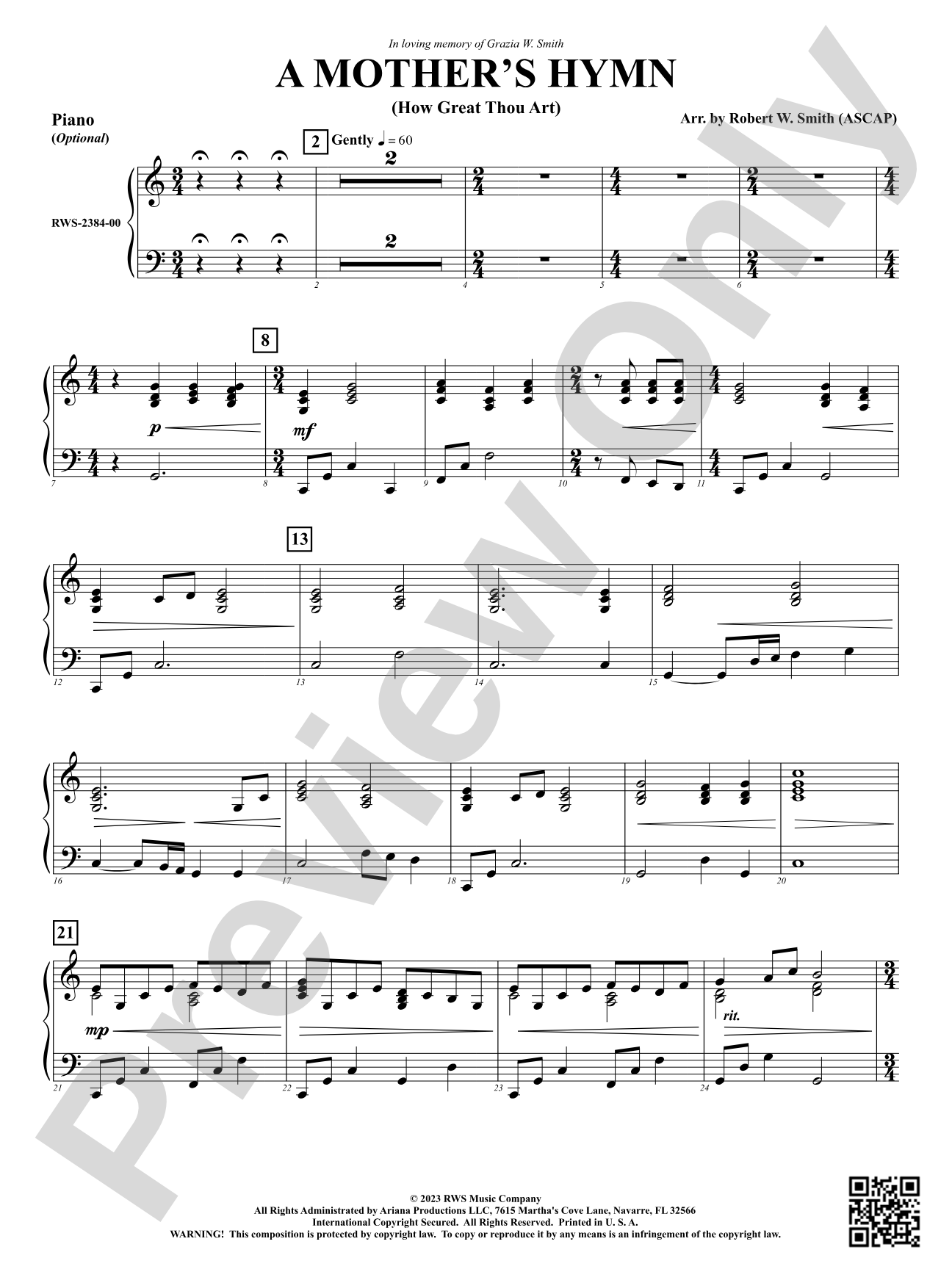 A Mother's Hymn - How Great Thou Art: Optional Piano