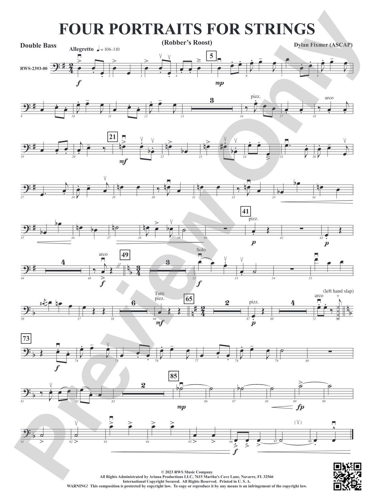 Four Portraits for Strings - Robber's Roost, Call of the Canyon, The Rinky Dink Saloon, A Toast to Santa: String Bass