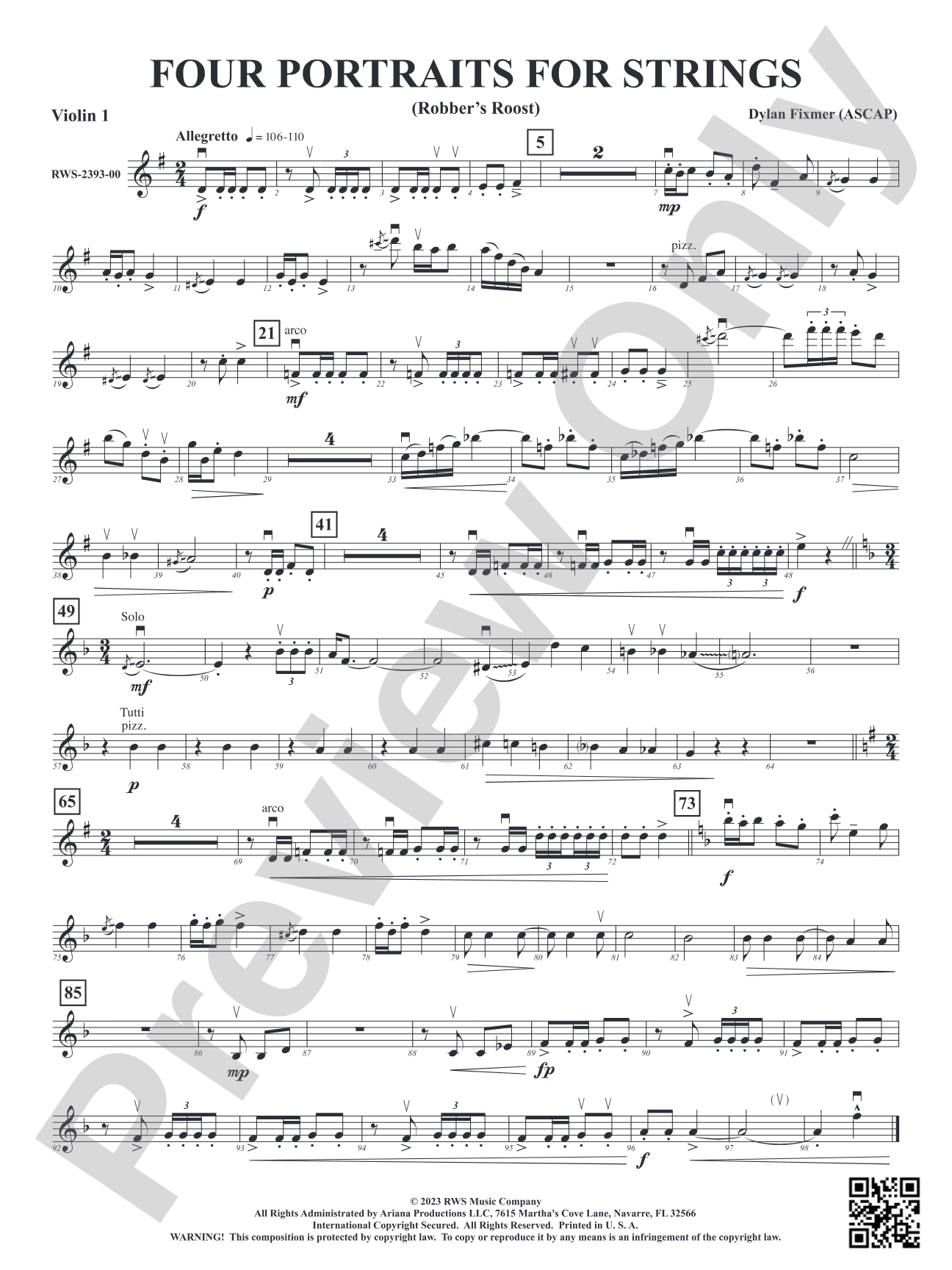 Four Portraits for Strings - Robber's Roost, Call of the Canyon, The Rinky Dink Saloon, A Toast to Santa: 1st Violin