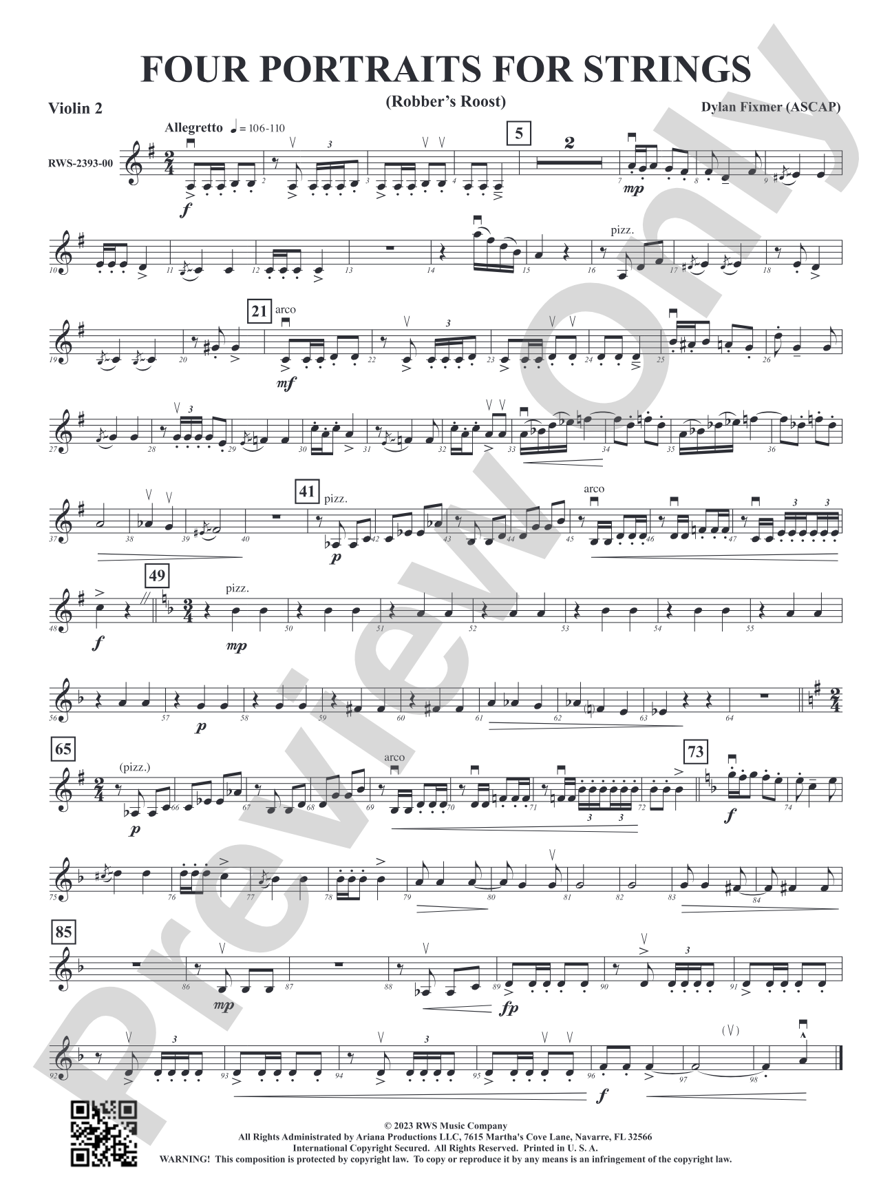 Four Portraits for Strings - Robber's Roost, Call of the Canyon, The Rinky Dink Saloon, A Toast to Santa: 2nd Violin