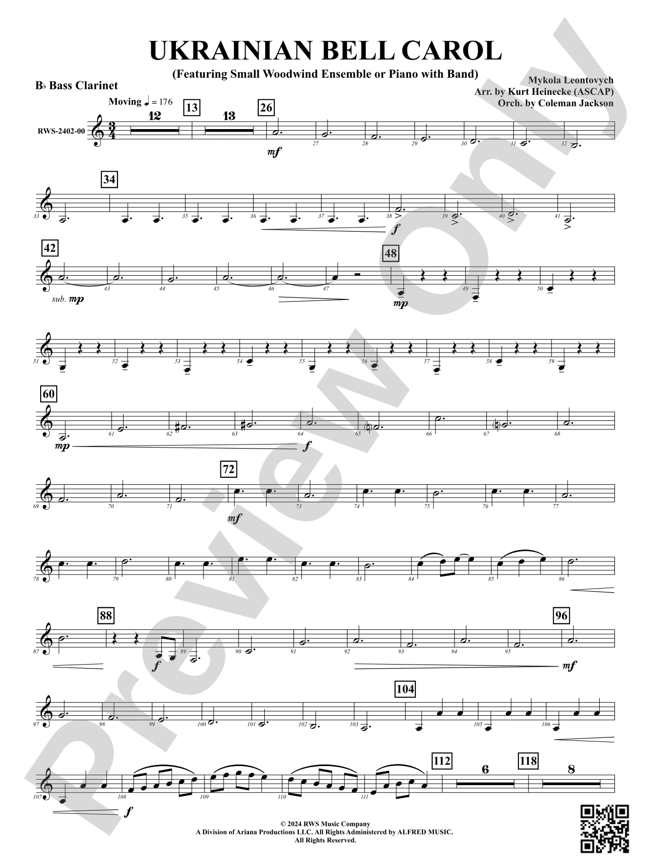 Ukrainian Bell Carol (Featuring a Small Woodwind Ensemble or Piano with Band): Bass Clarinet
