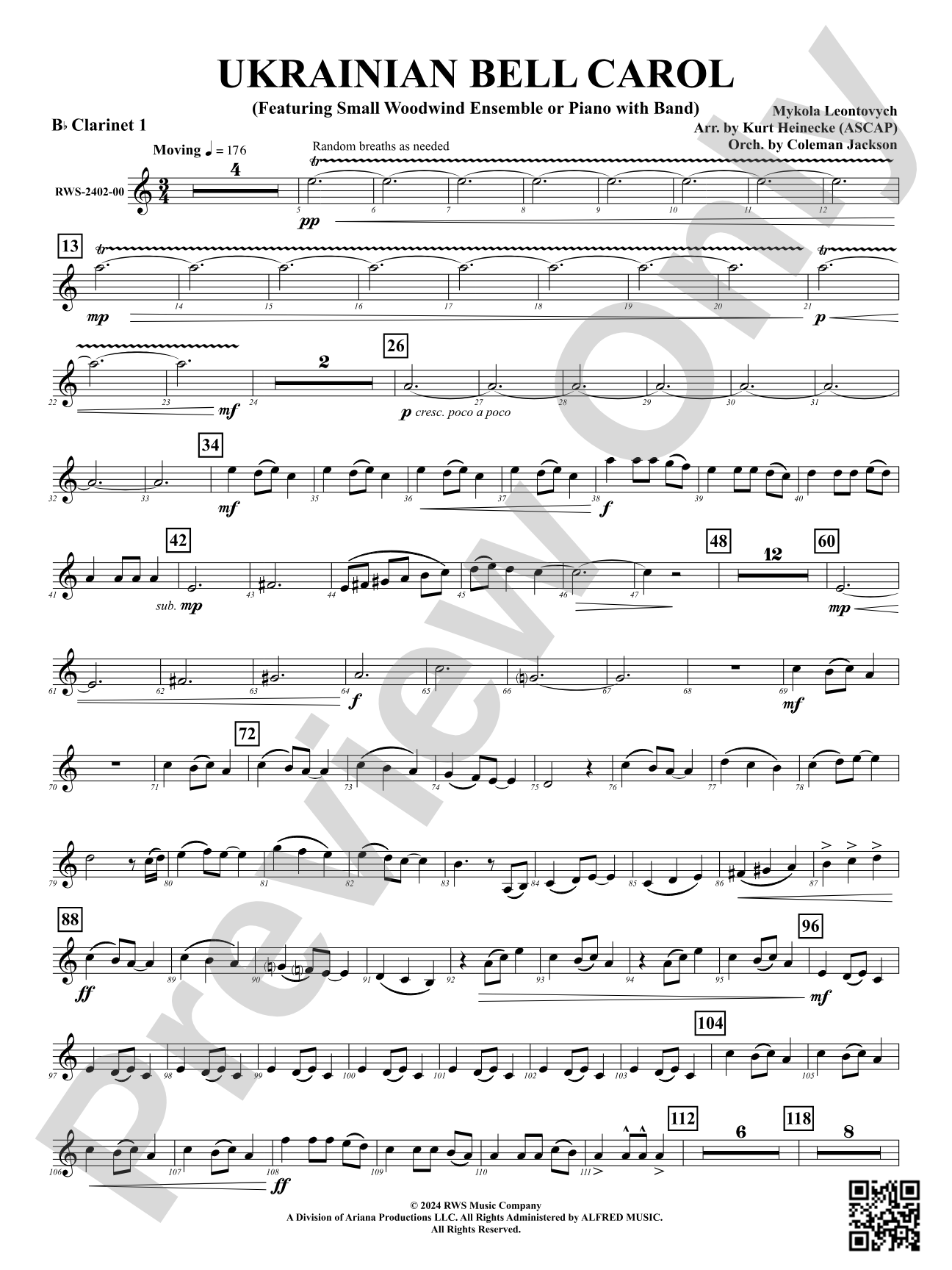 Ukrainian Bell Carol (Featuring a Small Woodwind Ensemble or Piano with Band): 1st B-flat Clarinet