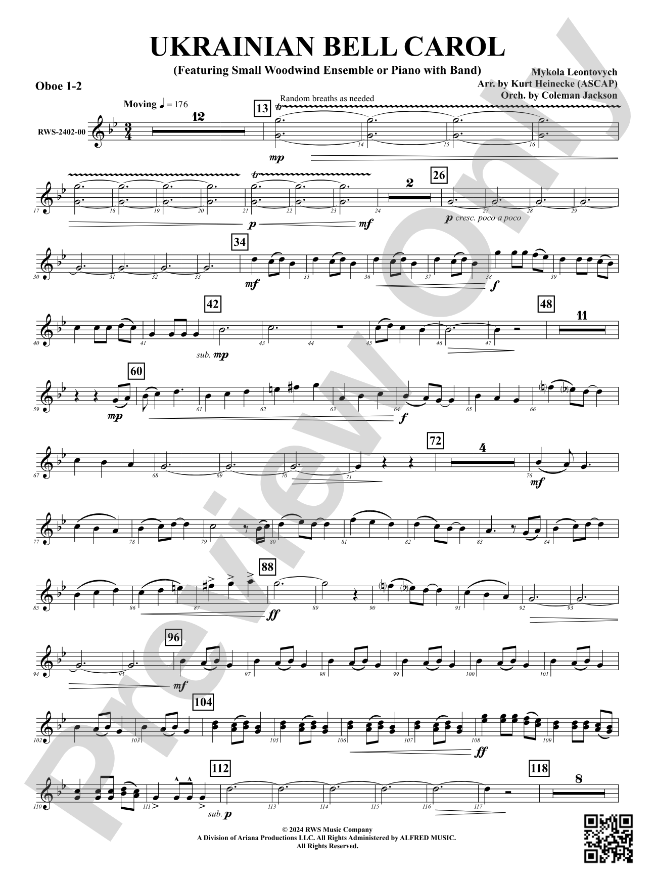 Ukrainian Bell Carol (Featuring a Small Woodwind Ensemble or Piano with Band): 1st & 2nd Oboe