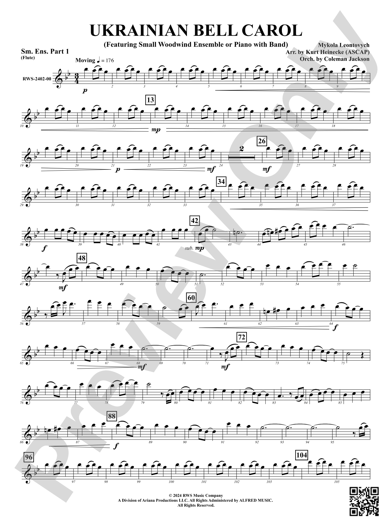 Ukrainian Bell Carol (Featuring a Small Woodwind Ensemble or Piano with Band): Small Ensemble - Part 1 (Flute)