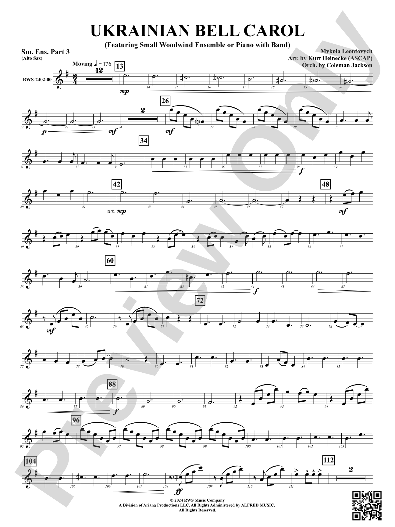 Ukrainian Bell Carol (Featuring a Small Woodwind Ensemble or Piano with Band): Small Ensemble - Part 3 (Alto Saxophone)