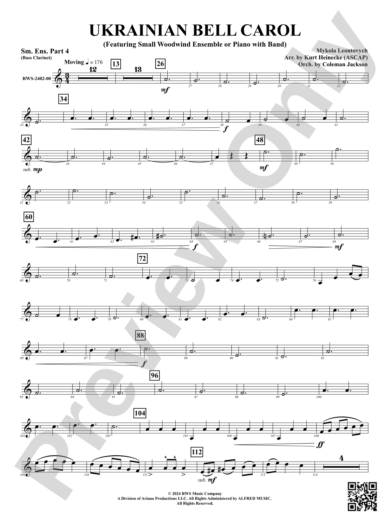 Ukrainian Bell Carol (Featuring a Small Woodwind Ensemble or Piano with Band): Small Ensemble - Part 4 (Bass Clarinet)