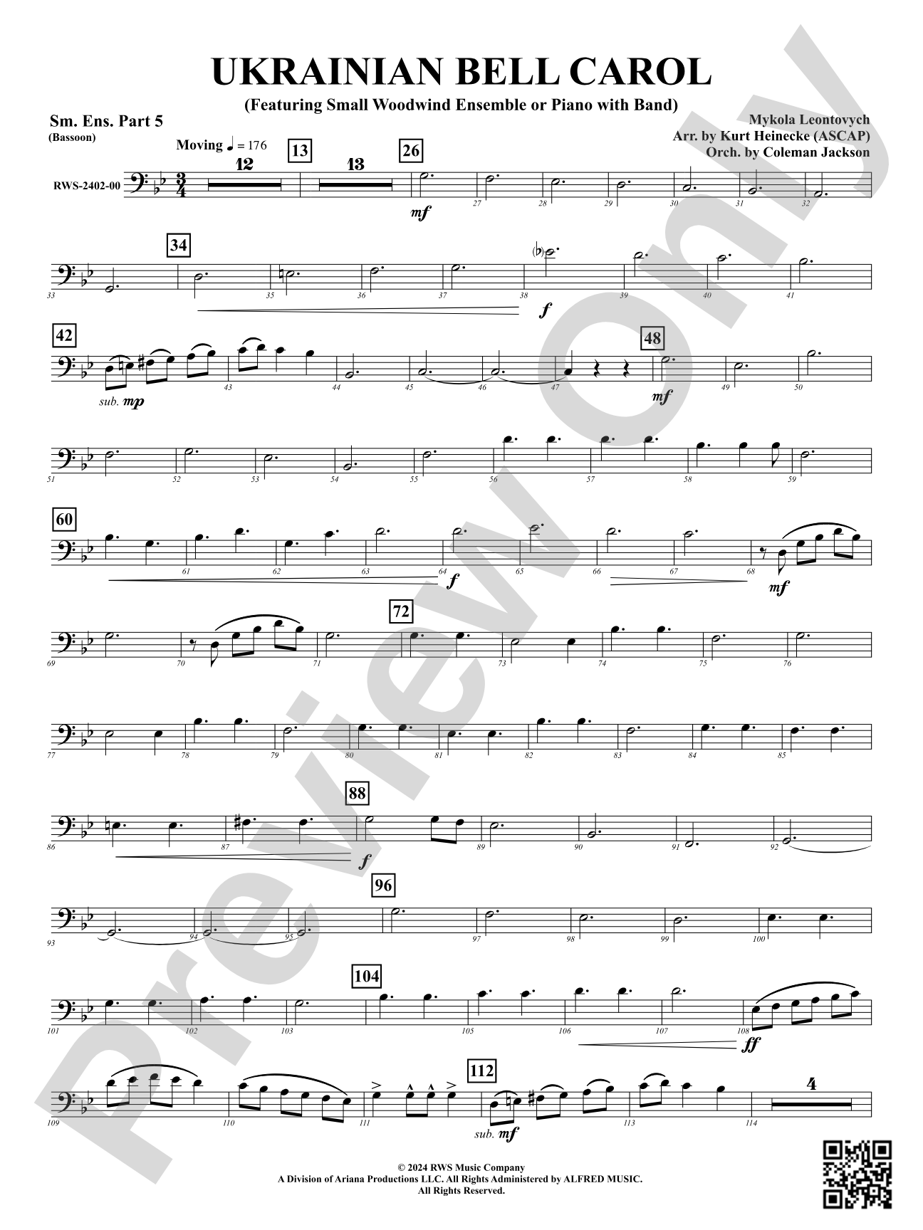 Ukrainian Bell Carol (Featuring a Small Woodwind Ensemble or Piano with Band): Small Ensemble - Part 5 (Bassoon)