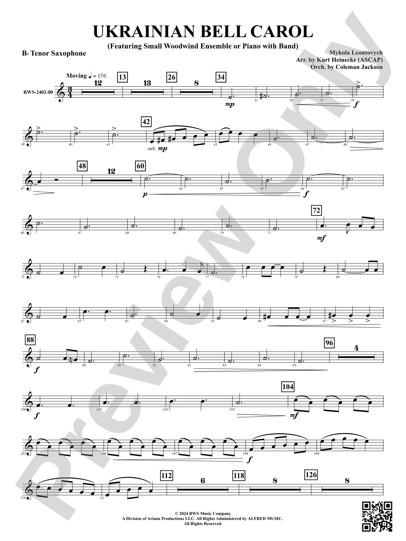 Ukrainian Bell Carol (Featuring a Small Woodwind Ensemble or Piano with Band): B-flat Tenor Saxophone