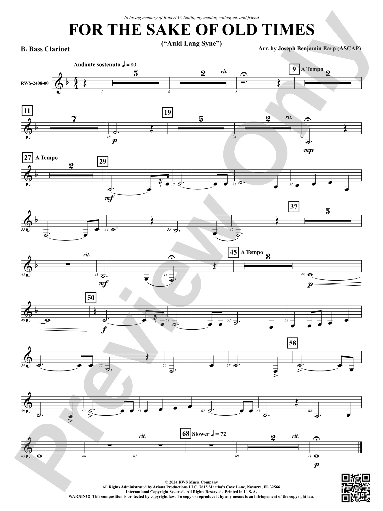 For the Sake of Old Times ("Auld Lang Syne"): B-flat Bass Clarinet