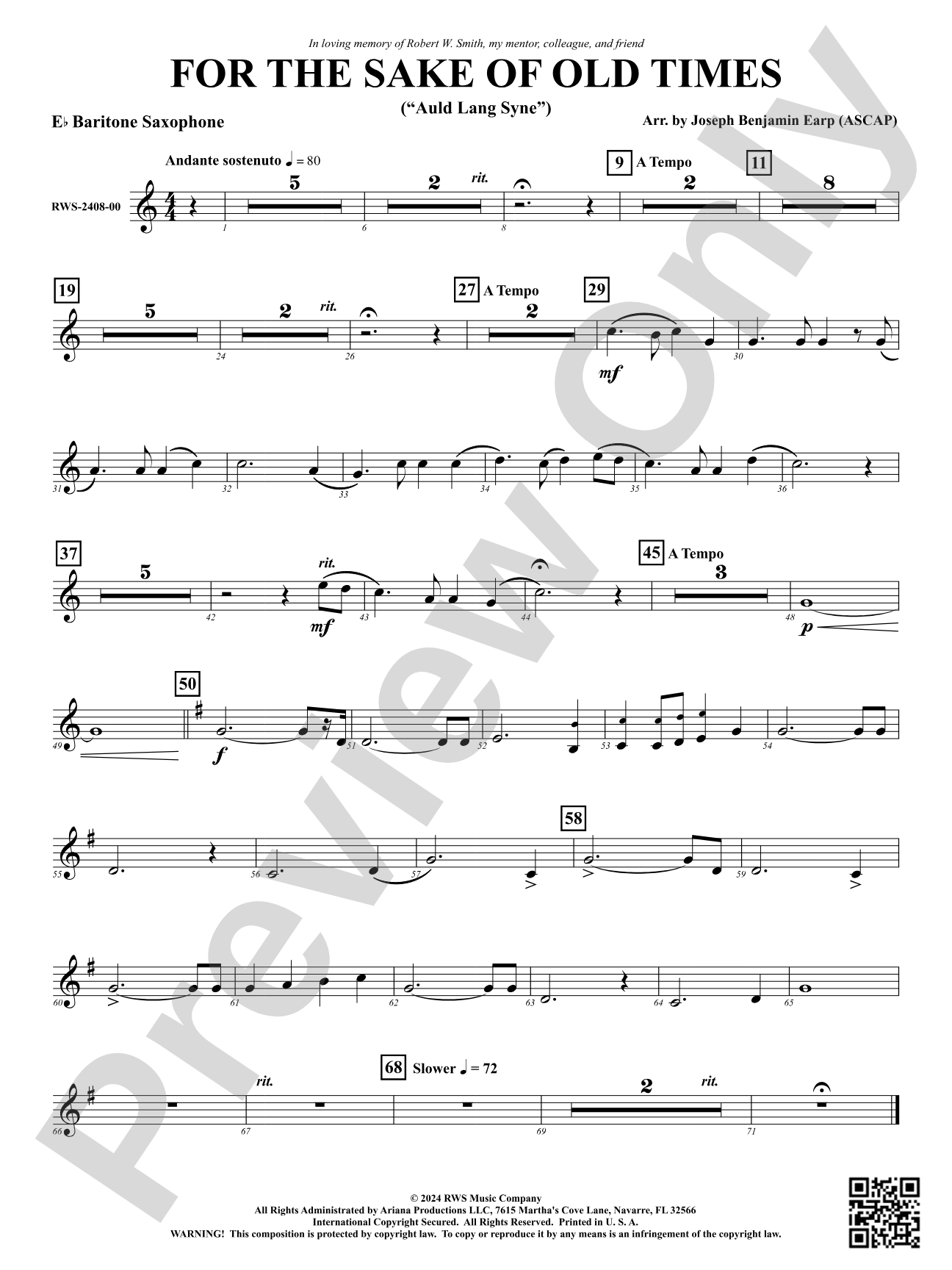 For the Sake of Old Times ("Auld Lang Syne"): E-flat Baritone Saxophone