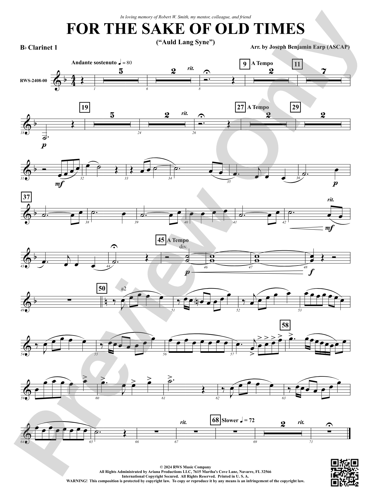 For the Sake of Old Times ("Auld Lang Syne"): 1st B-flat Clarinet