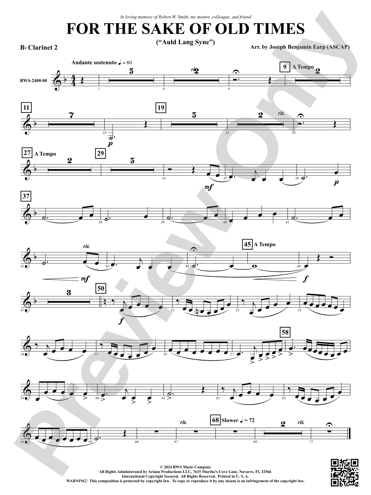 For the Sake of Old Times ("Auld Lang Syne"): 2nd B-flat Clarinet