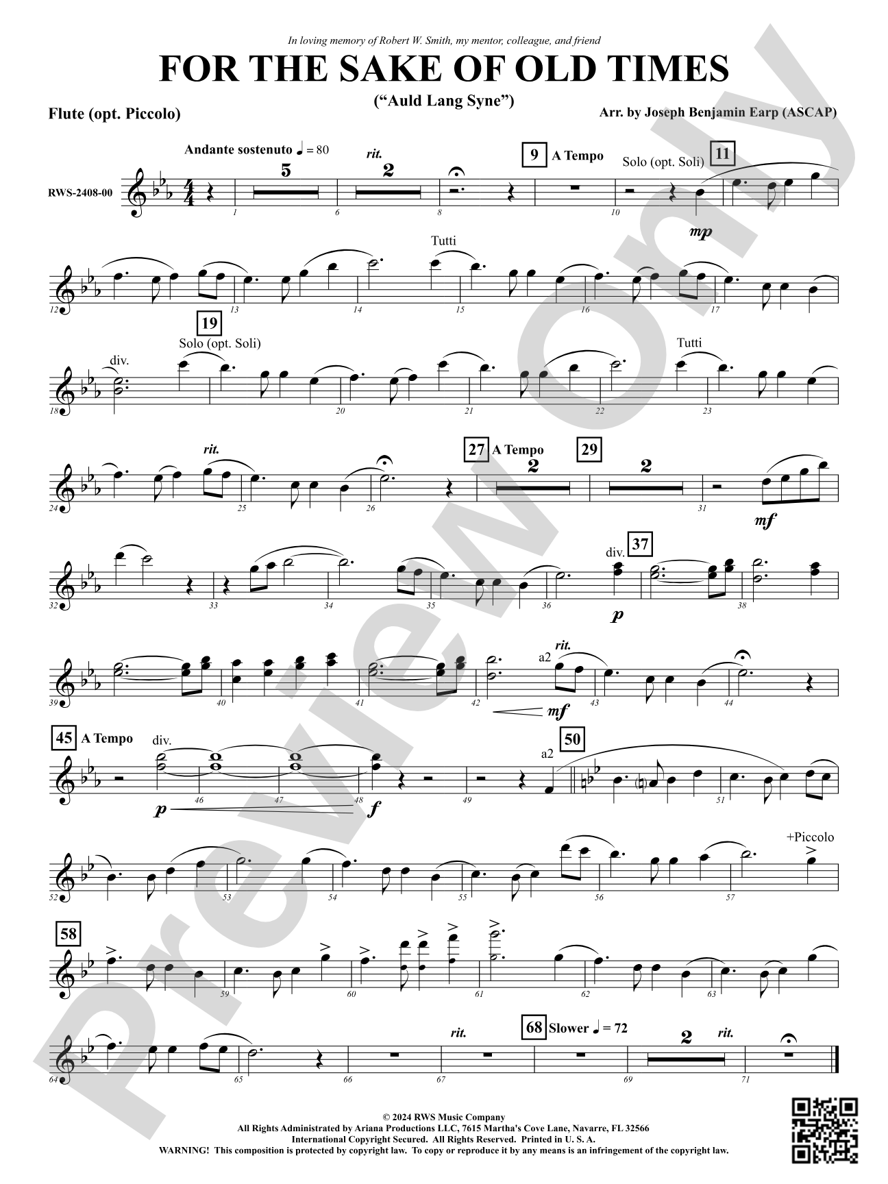 For the Sake of Old Times ("Auld Lang Syne"): 1st Flute