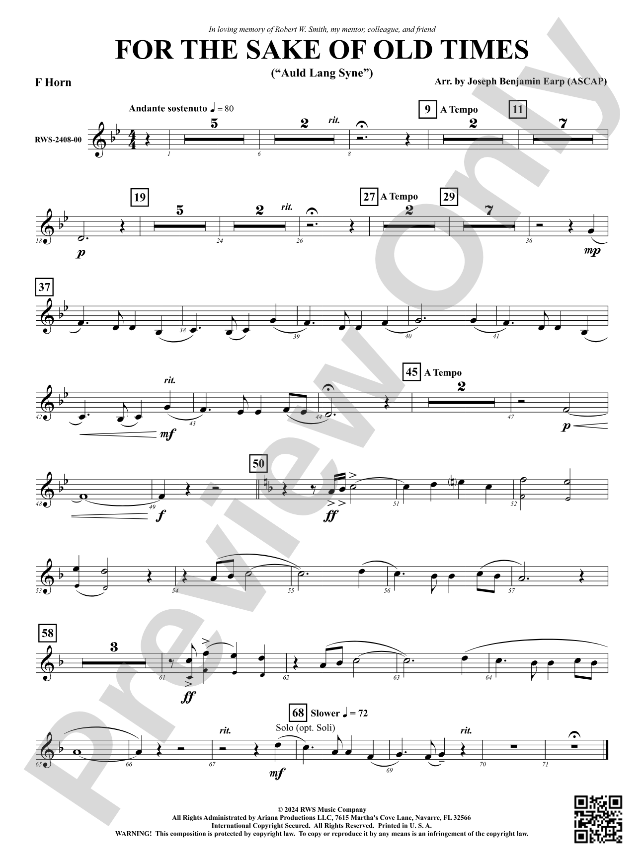 For the Sake of Old Times ("Auld Lang Syne"): 1st F Horn