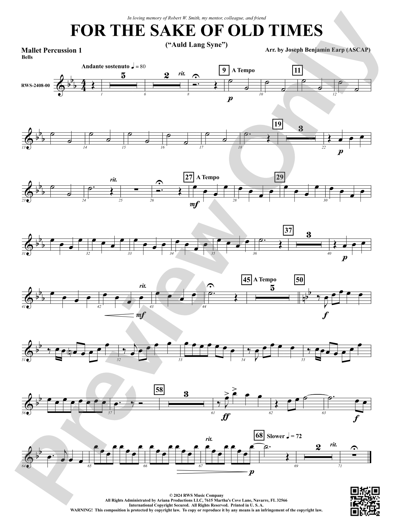 For the Sake of Old Times ("Auld Lang Syne"): 1st Mallet Percussion