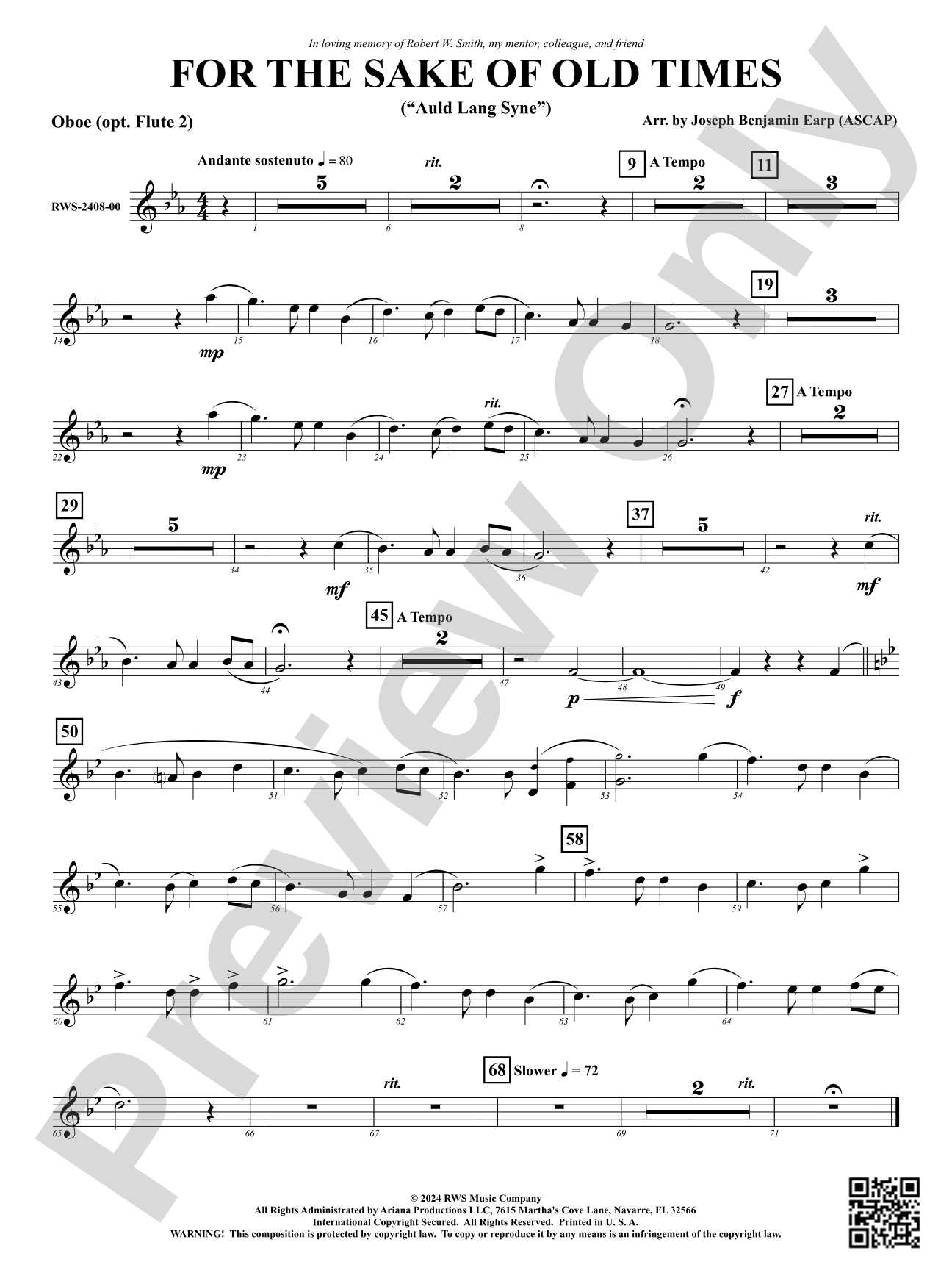 For the Sake of Old Times ("Auld Lang Syne"): Oboe