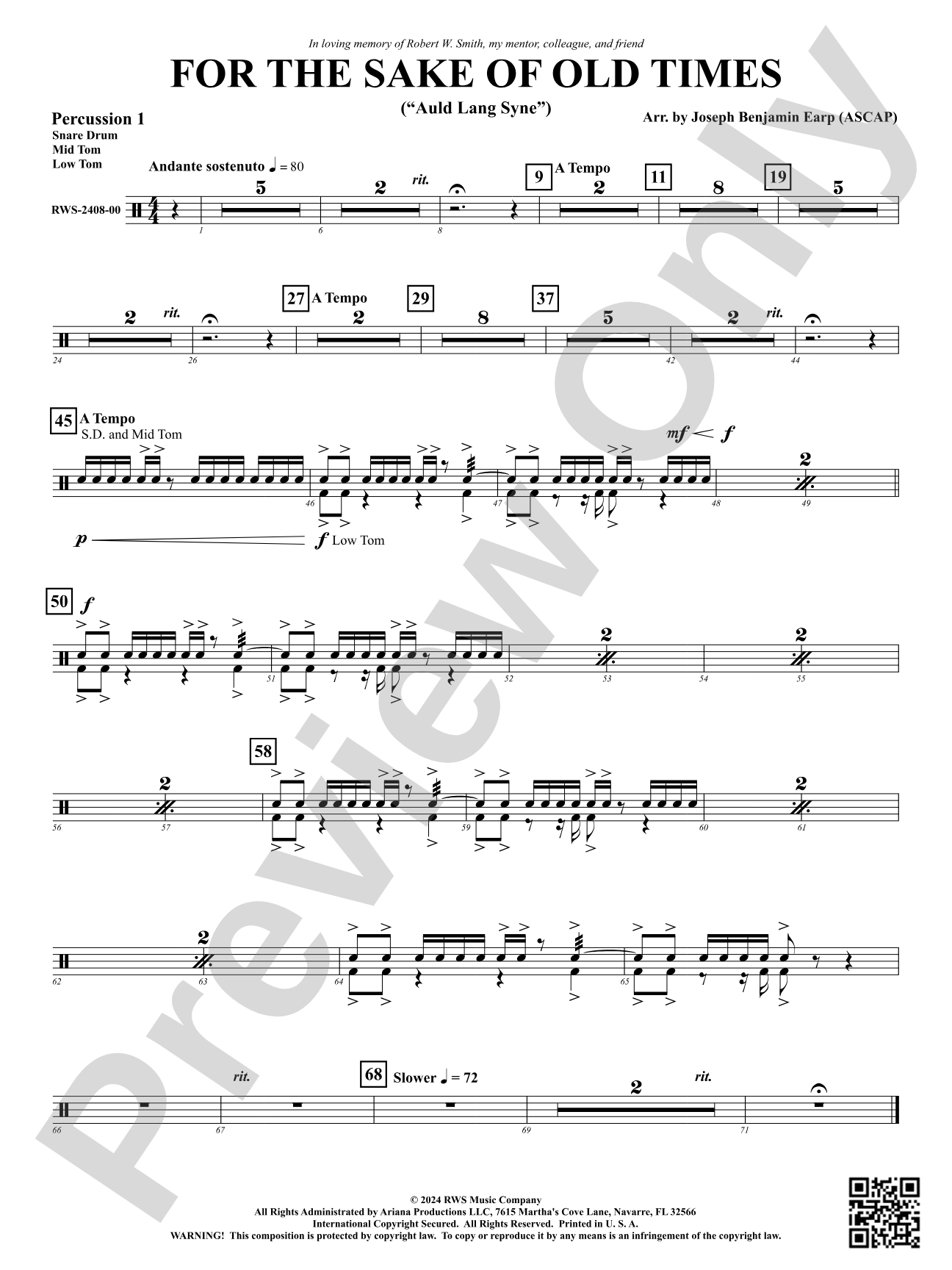 For the Sake of Old Times ("Auld Lang Syne"): 1st Percussion