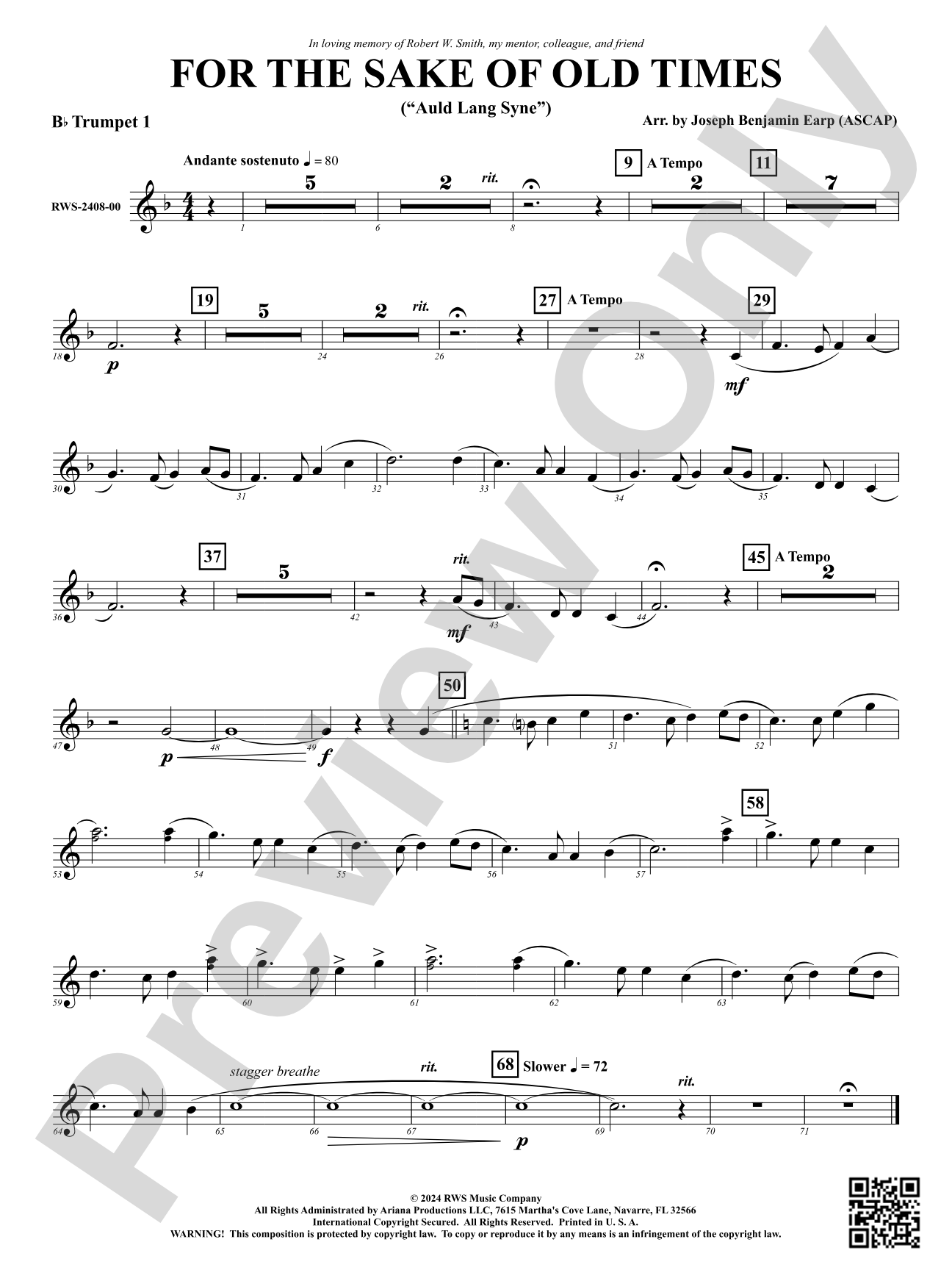 For the Sake of Old Times ("Auld Lang Syne"): 1st B-flat Trumpet