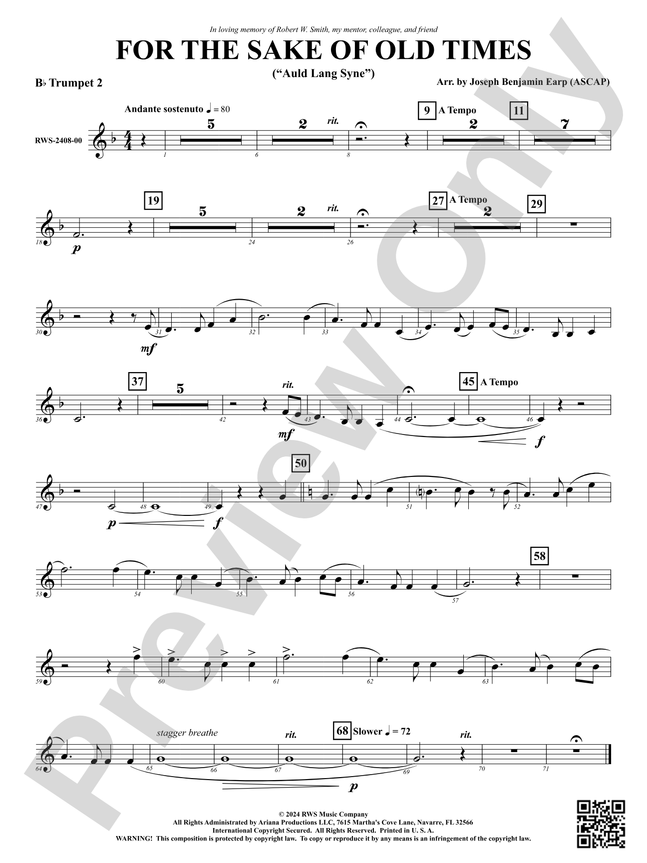 For the Sake of Old Times ("Auld Lang Syne"): 2nd B-flat Trumpet