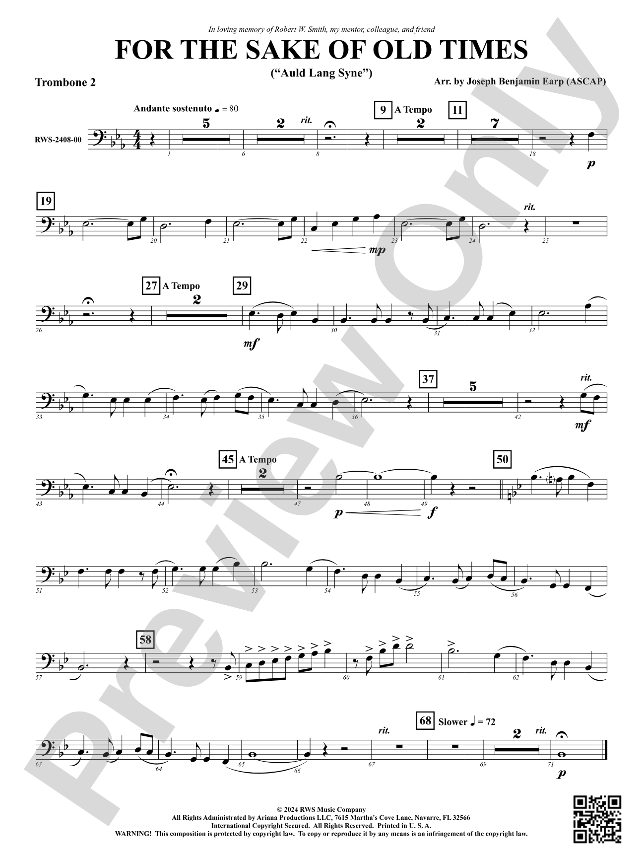 For the Sake of Old Times ("Auld Lang Syne"): 2nd Trombone