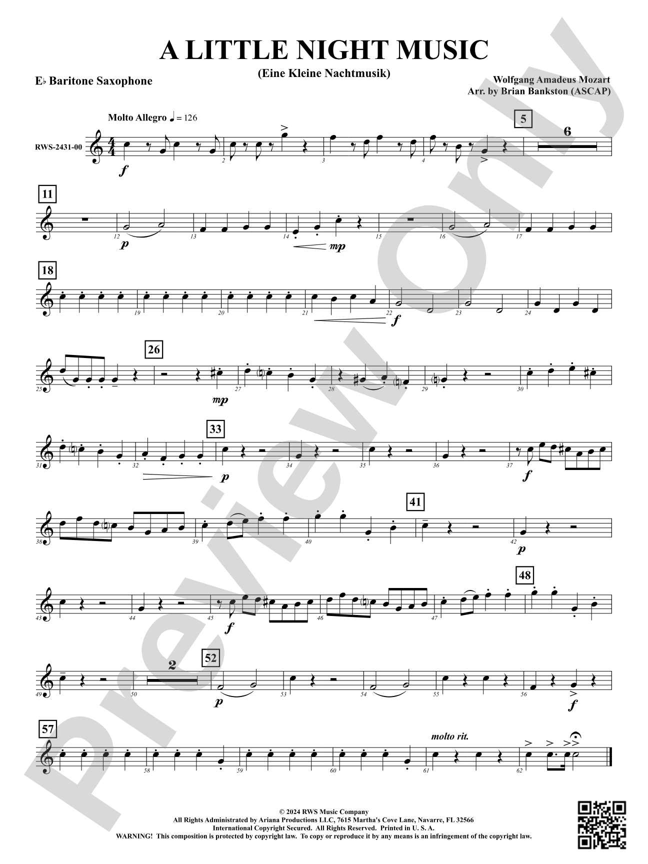 A Little Night Music - (Eine Kleine Nachtmusik): E-flat Baritone Saxophone