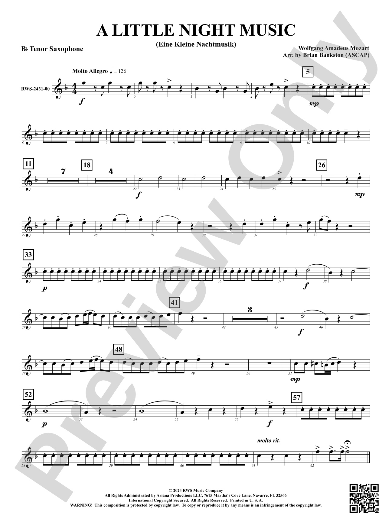 A Little Night Music - (Eine Kleine Nachtmusik): B-flat Tenor Saxophone