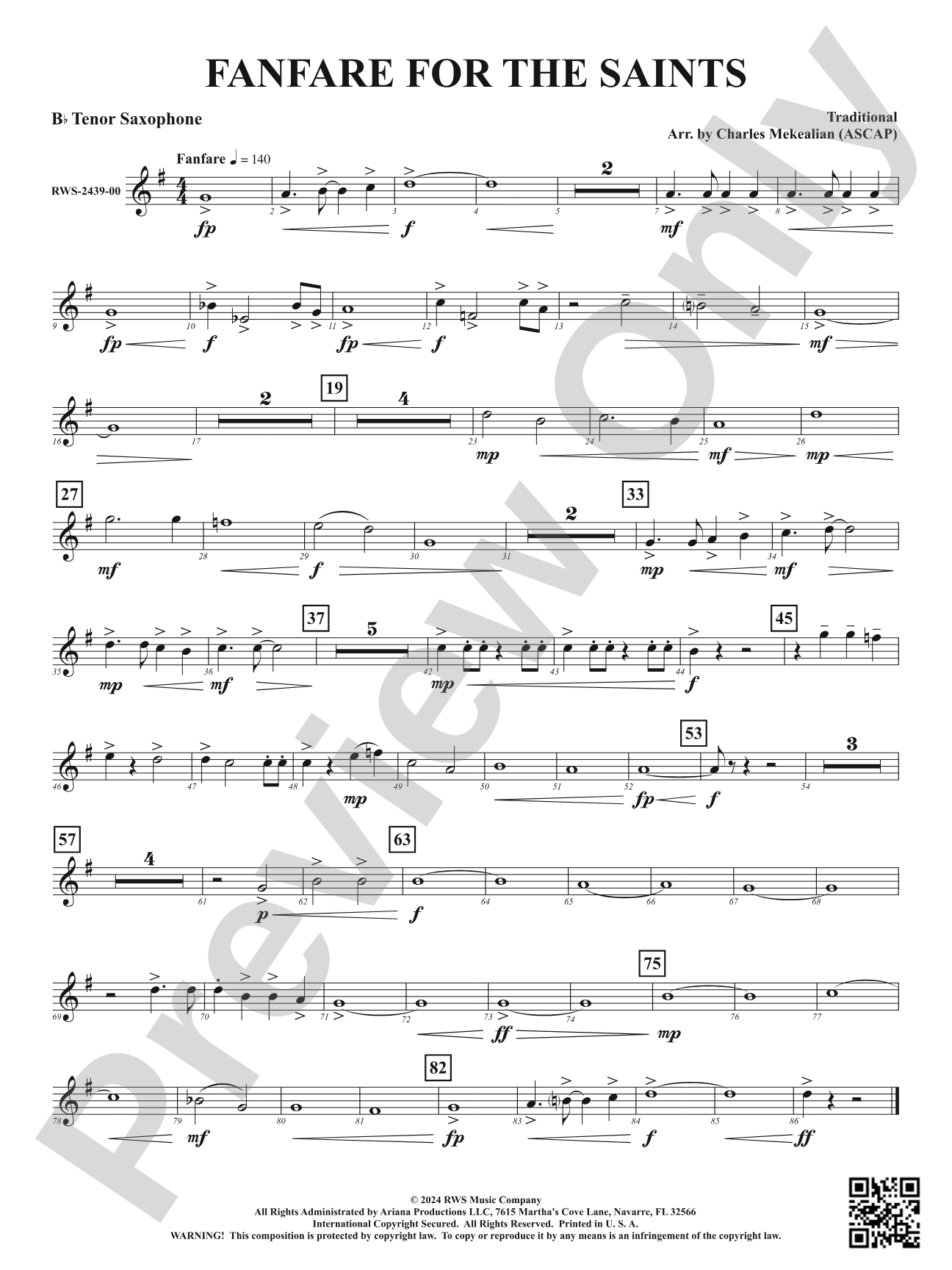 Fanfare For The Saints: B-flat Tenor Saxophone