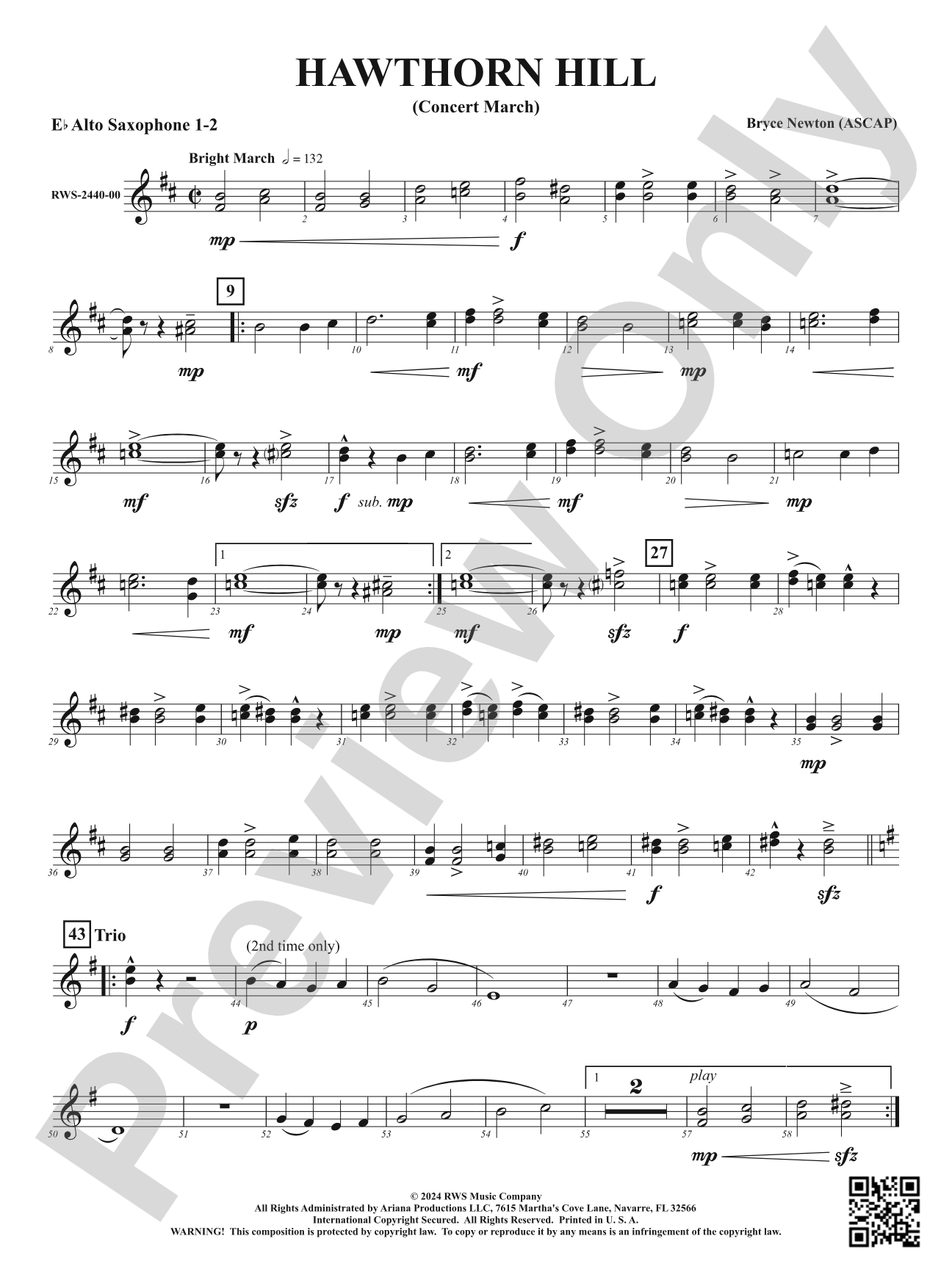 Hawthorn Hill - (Concert March): 1st & 2nd E-flat Alto Saxophone
