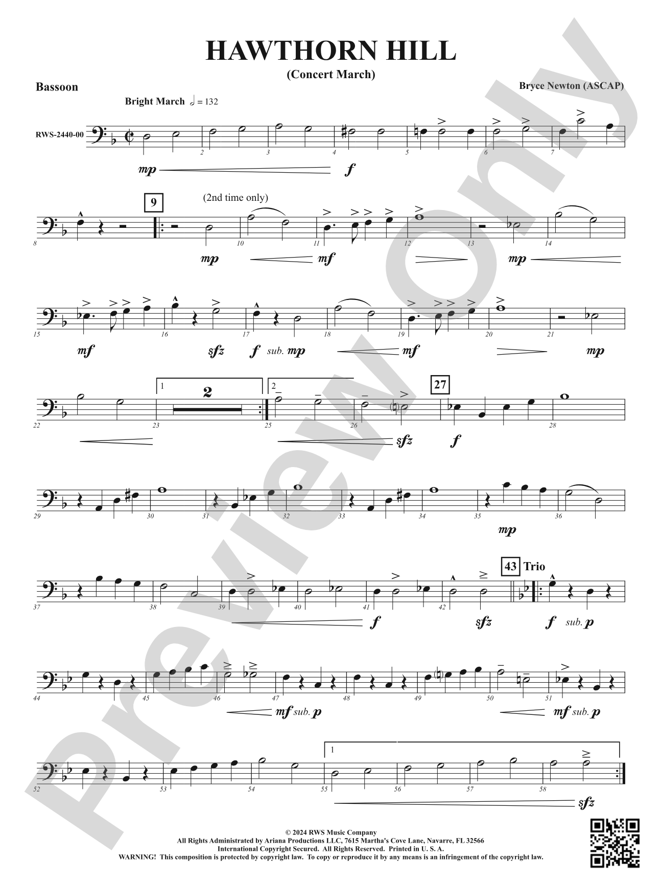 Hawthorn Hill - (Concert March): Bassoon