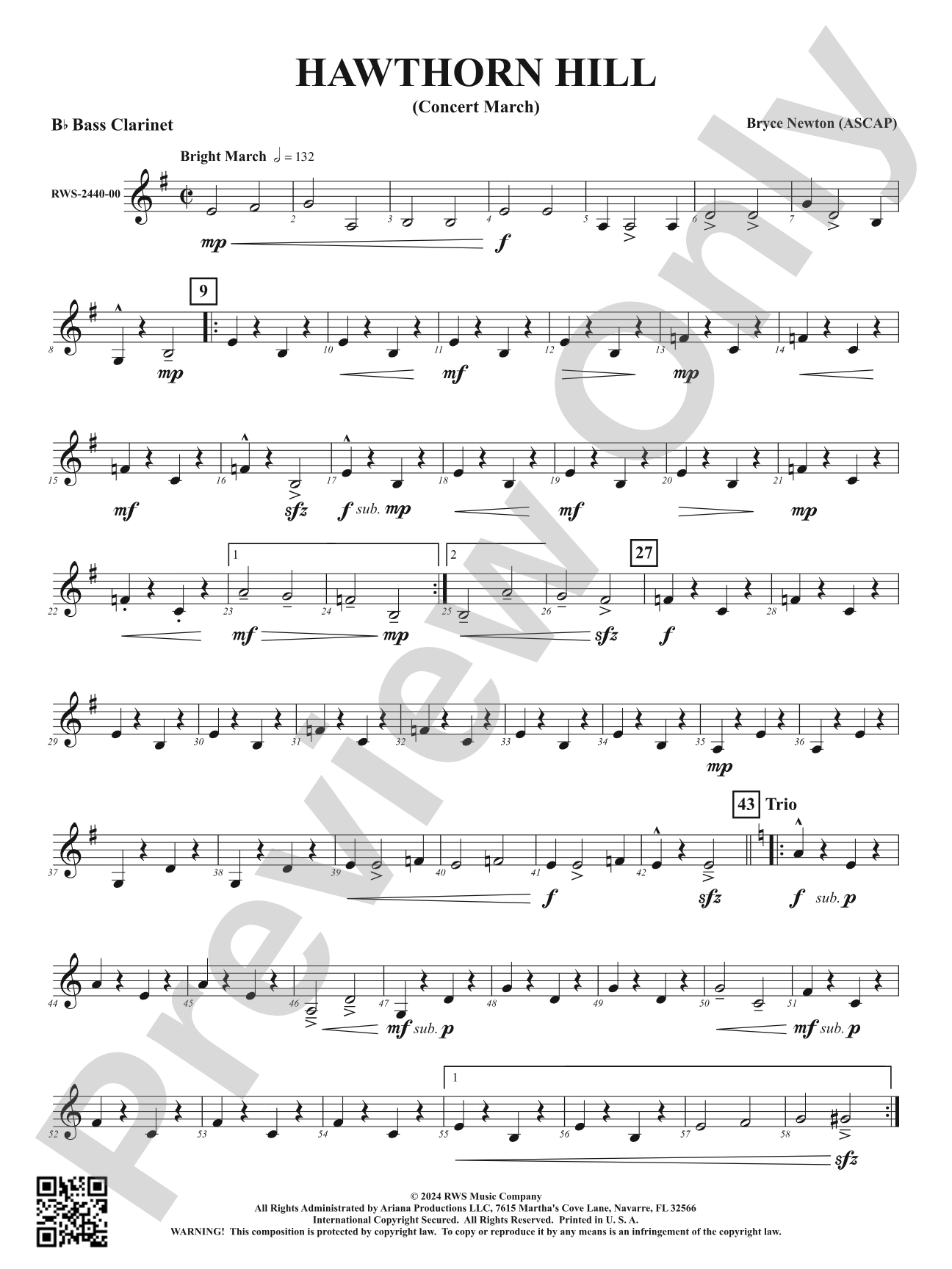 Hawthorn Hill - (Concert March): B-flat Bass Clarinet