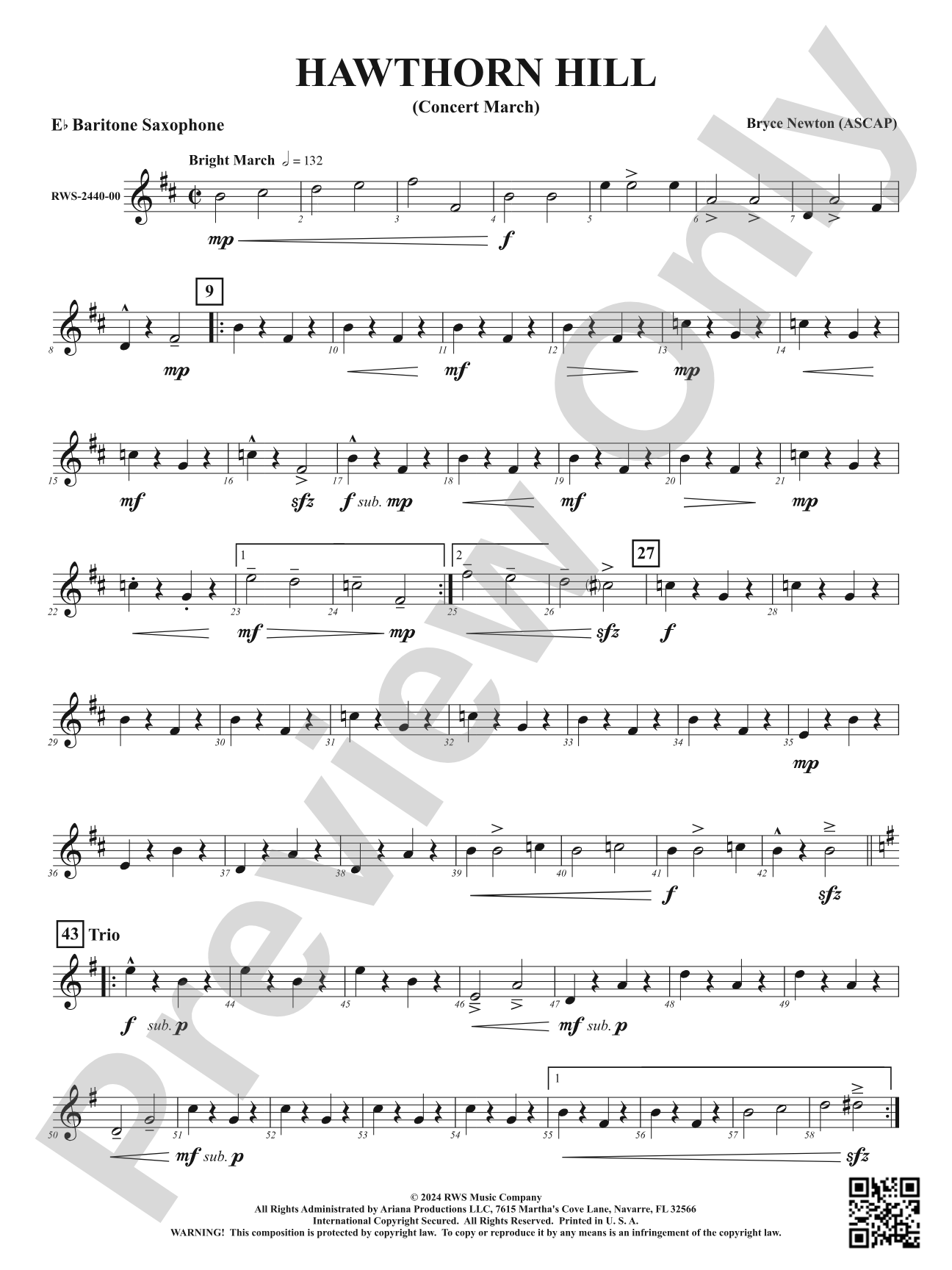 Hawthorn Hill - (Concert March): E-flat Baritone Saxophone