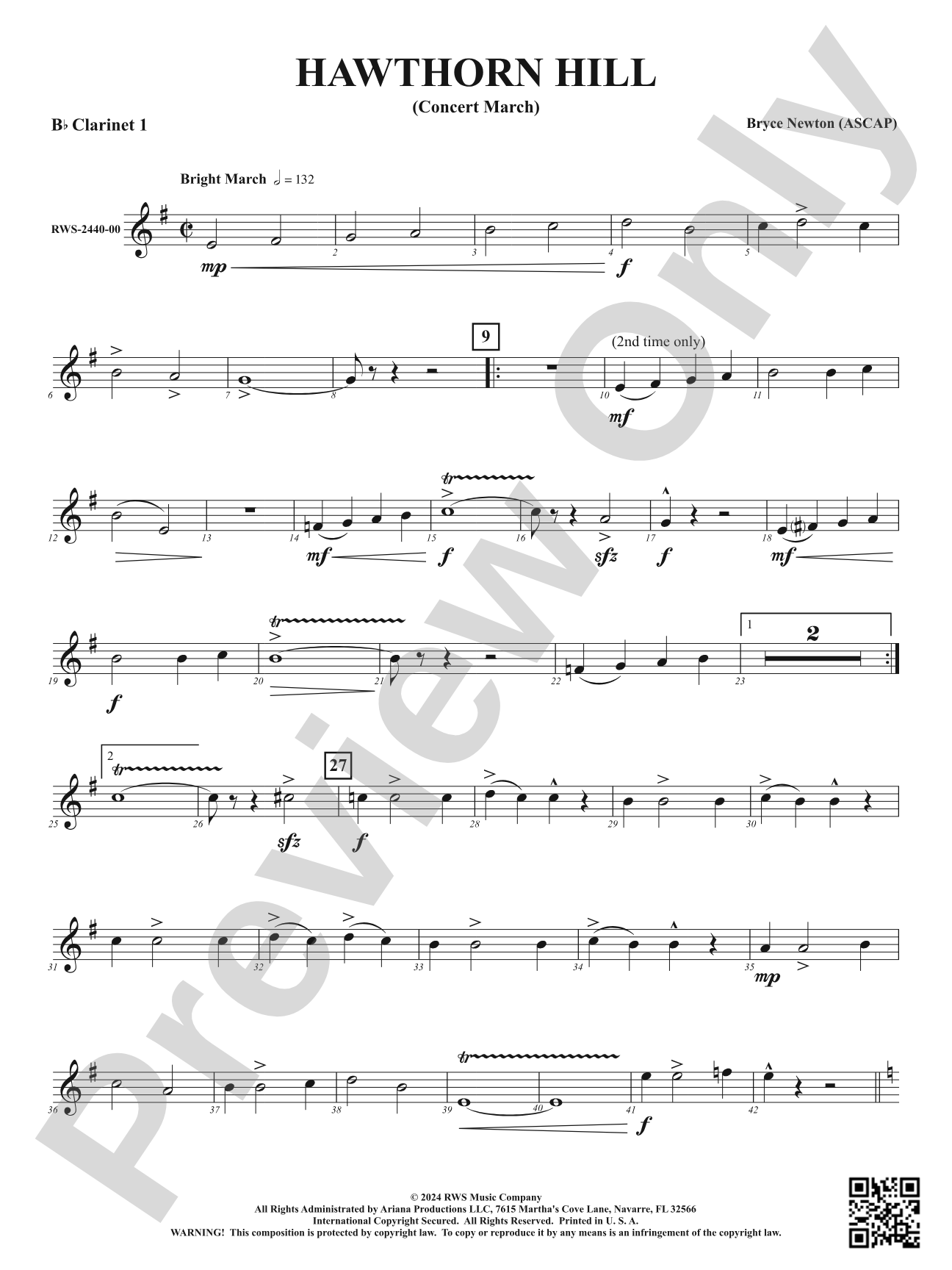 Hawthorn Hill - (Concert March): 1st B-flat Clarinet