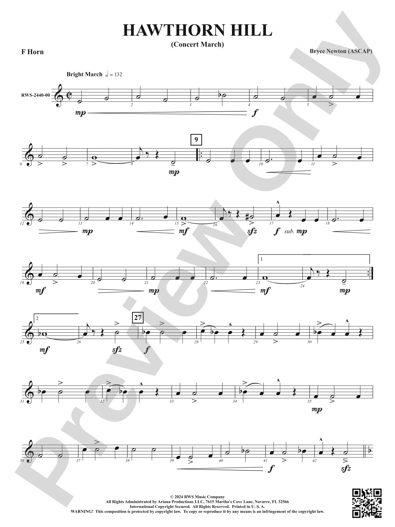 Hawthorn Hill - (Concert March): 1st F Horn