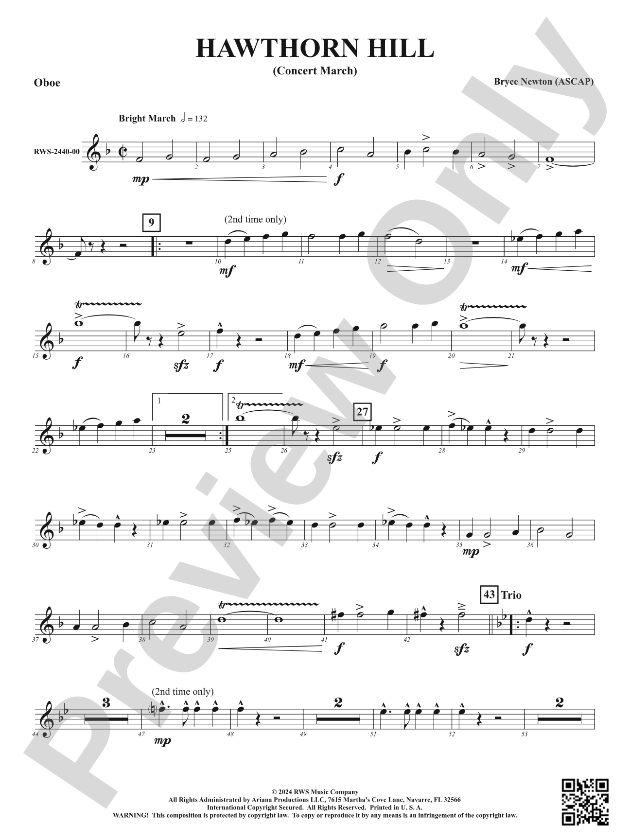 Hawthorn Hill - (Concert March): Oboe
