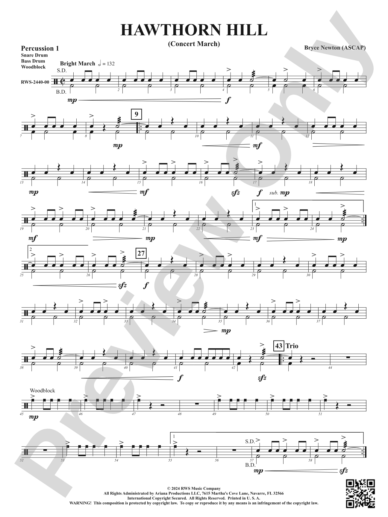 Hawthorn Hill - (Concert March): 1st Percussion