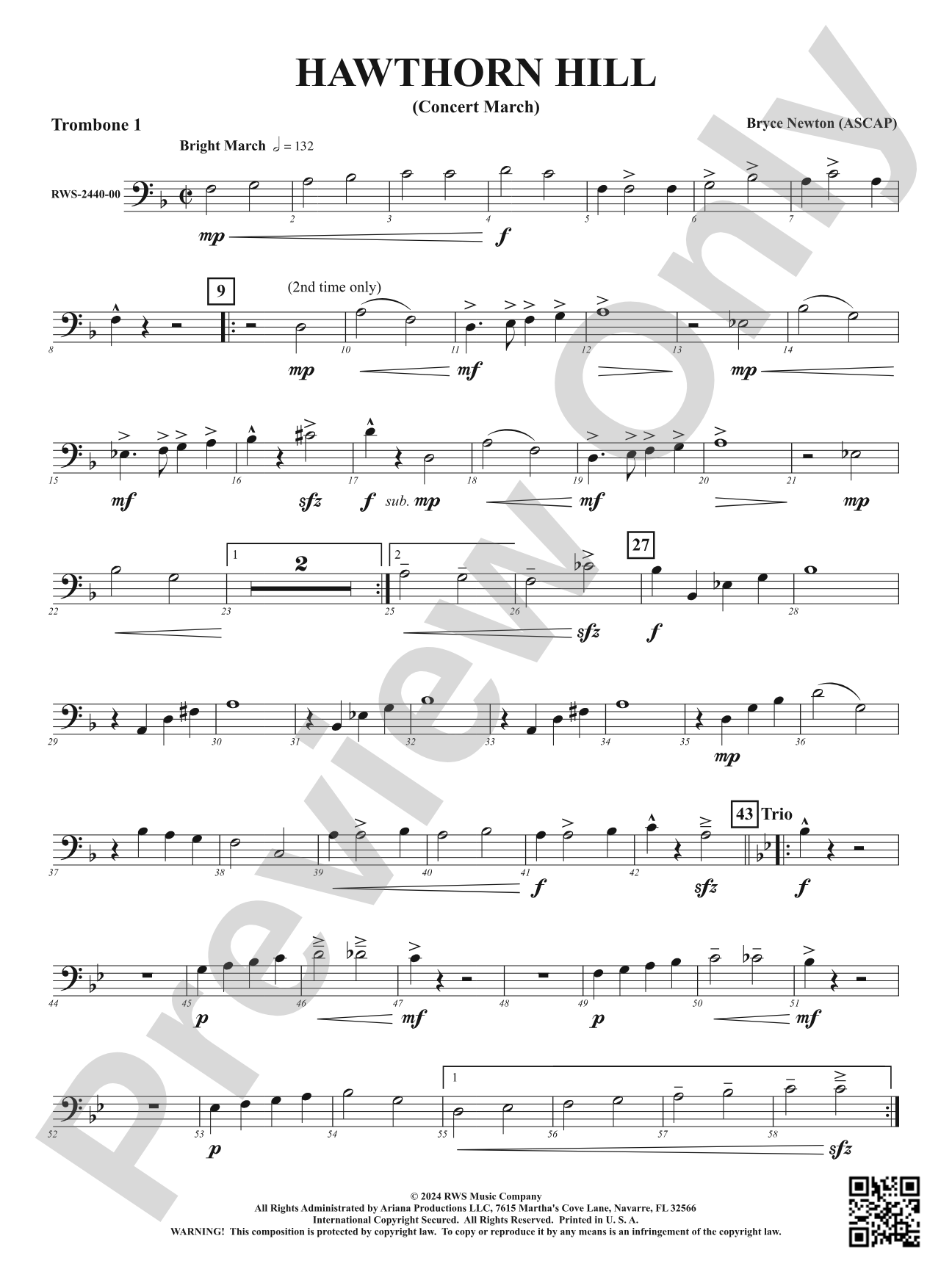 Hawthorn Hill - (Concert March): 1st Trombone